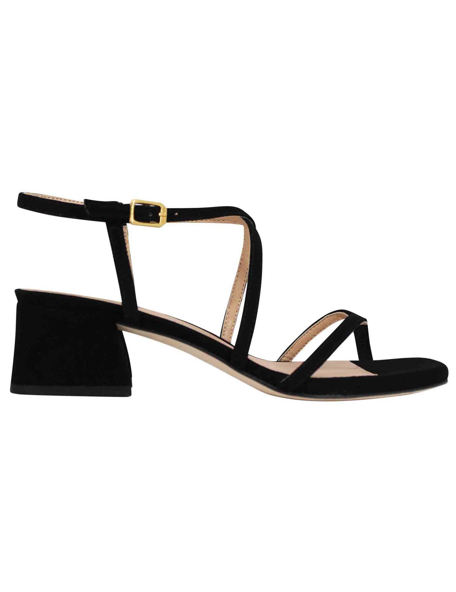 Women's black suede flip-flop sandals with ankle strap