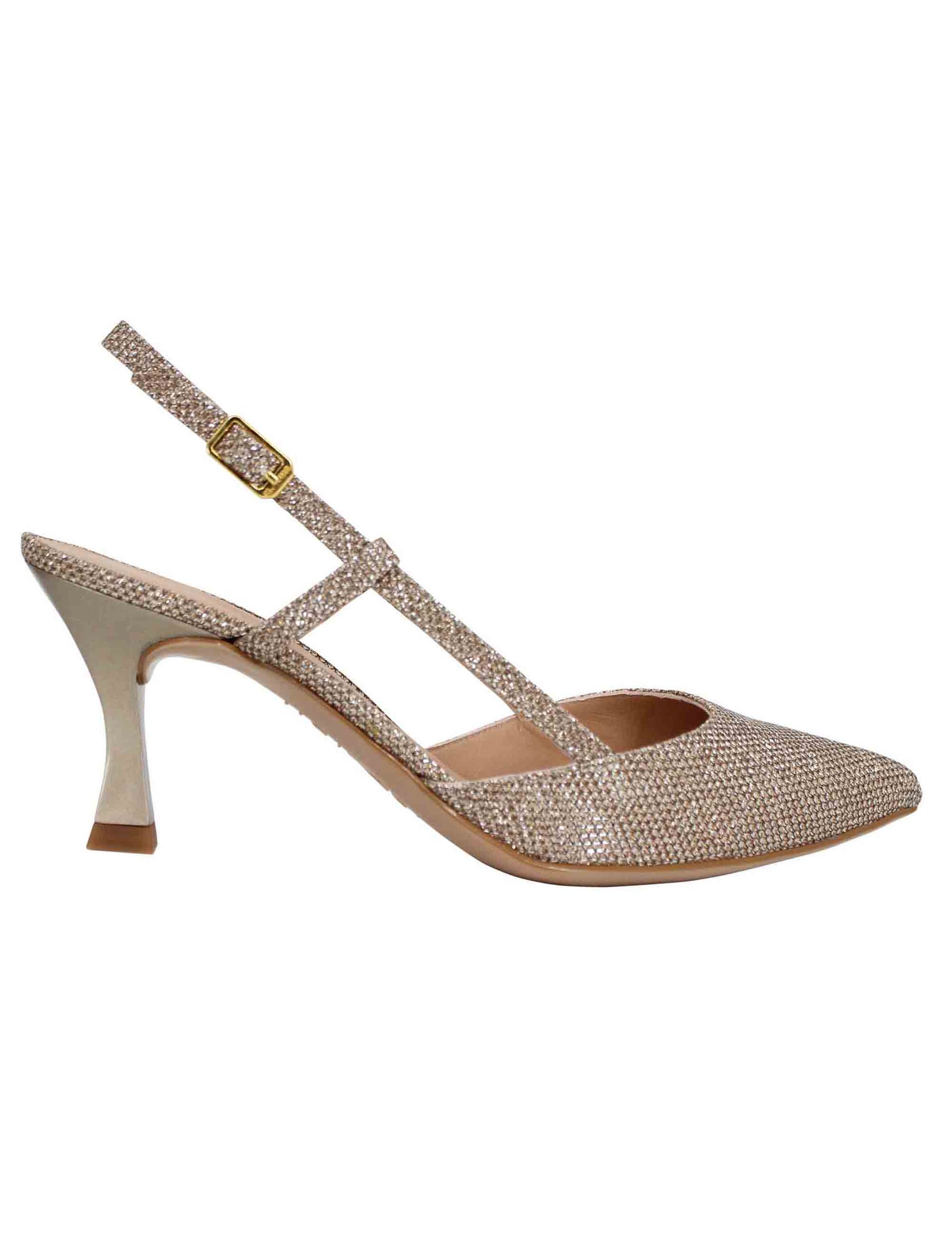 Women's slingback pumps in shiny bronze fabric with high heel