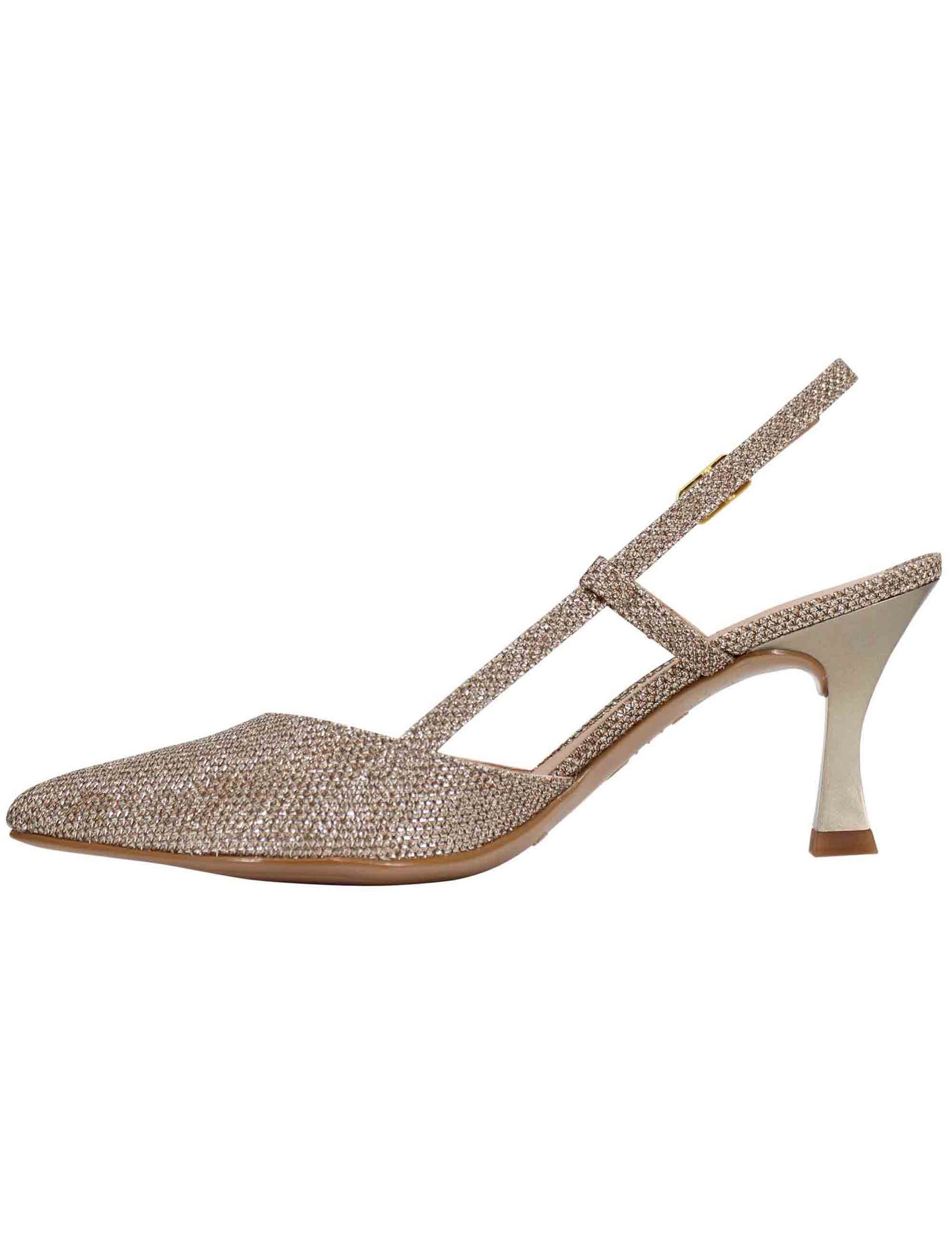 Women's slingback pumps in shiny bronze fabric with high heel