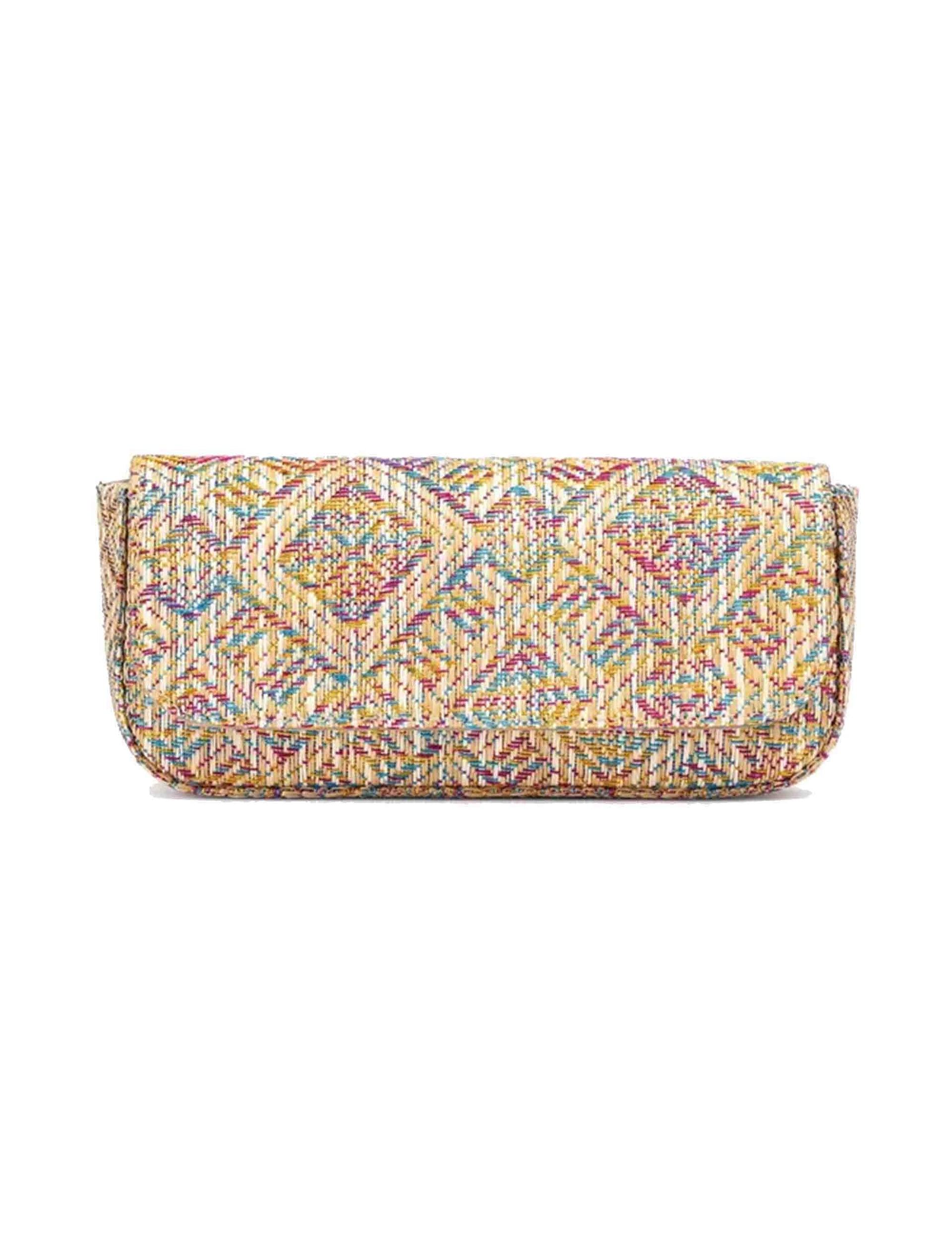 Women's multicolor patterned raffia clutch bag with gold shoulder strap