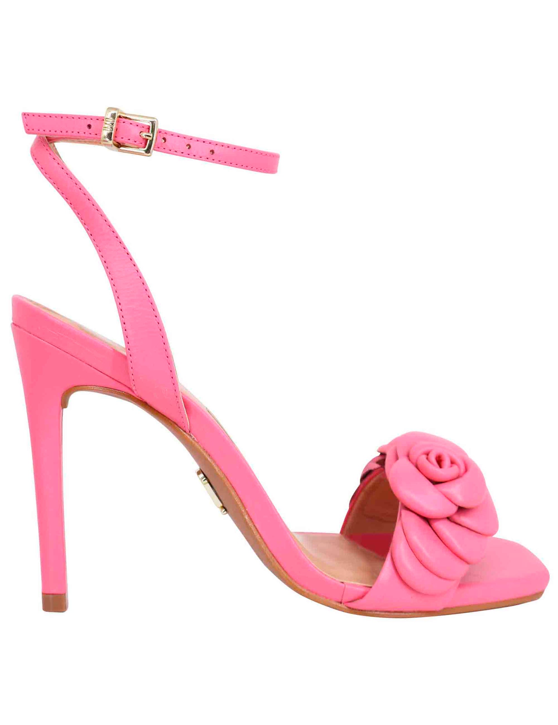 Women's pink leather sandals with high heel, ankle strap and leather flower