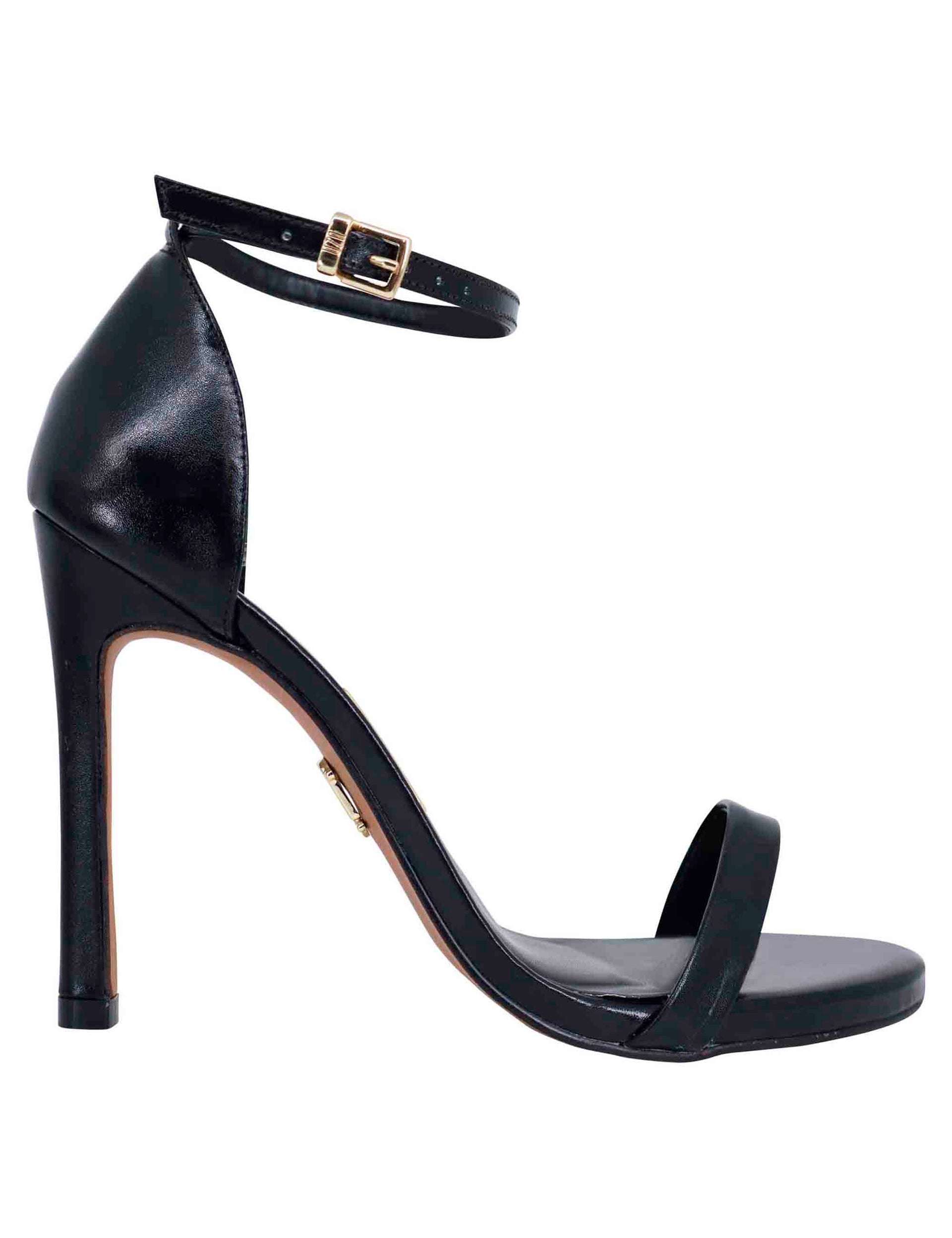 Women's sandals in black leather with high heel and ankle strap