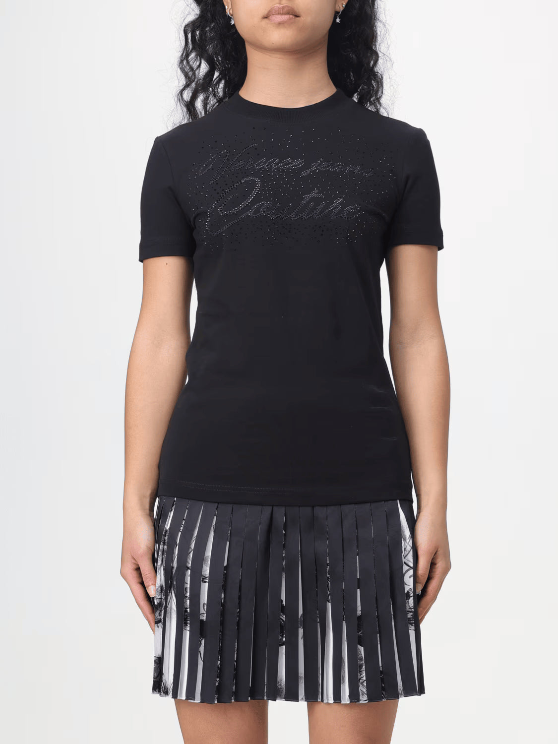 T-shirt donna con logo strass e lettering