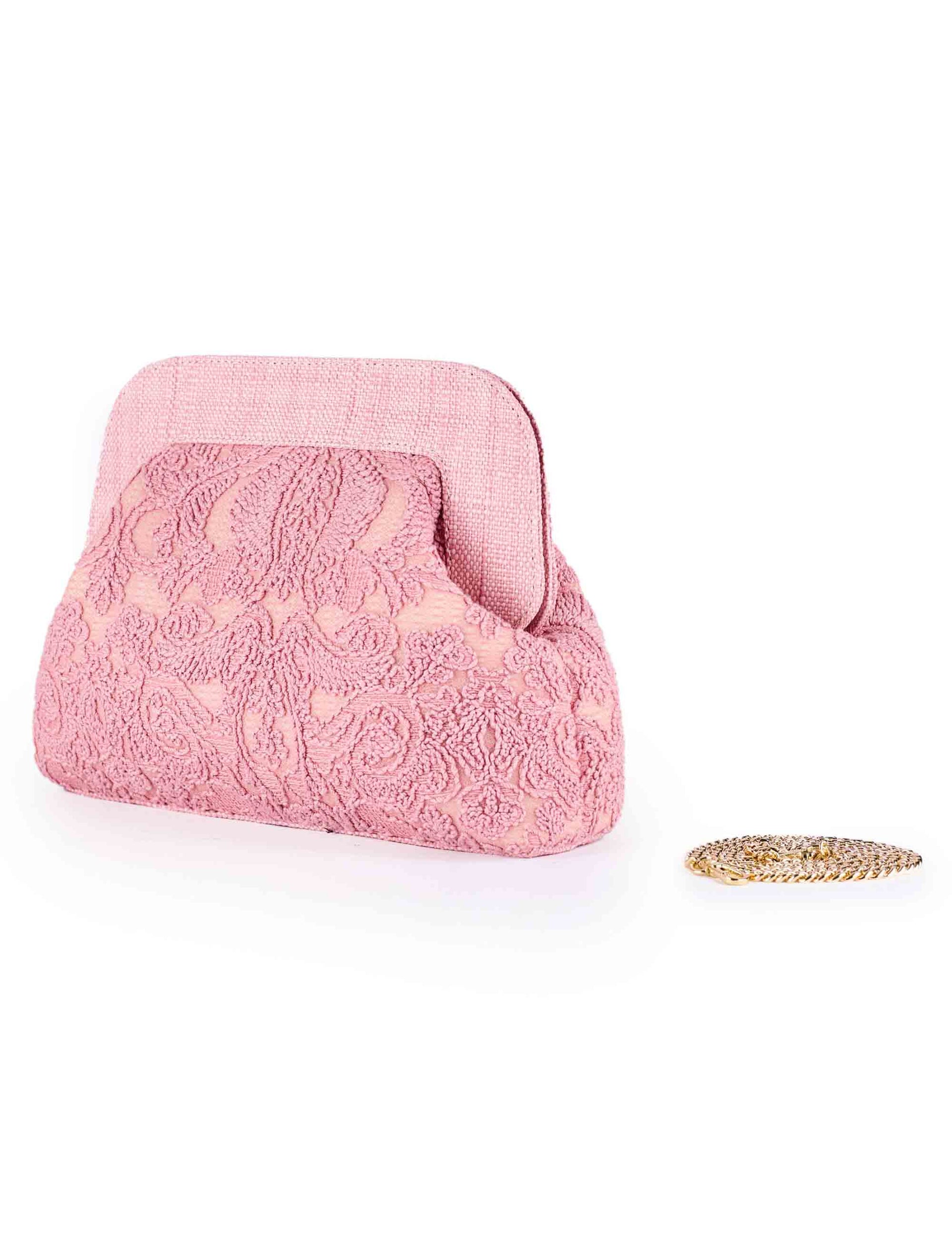 Borse pochette donna in pizzo e raffia rosa con catena oro