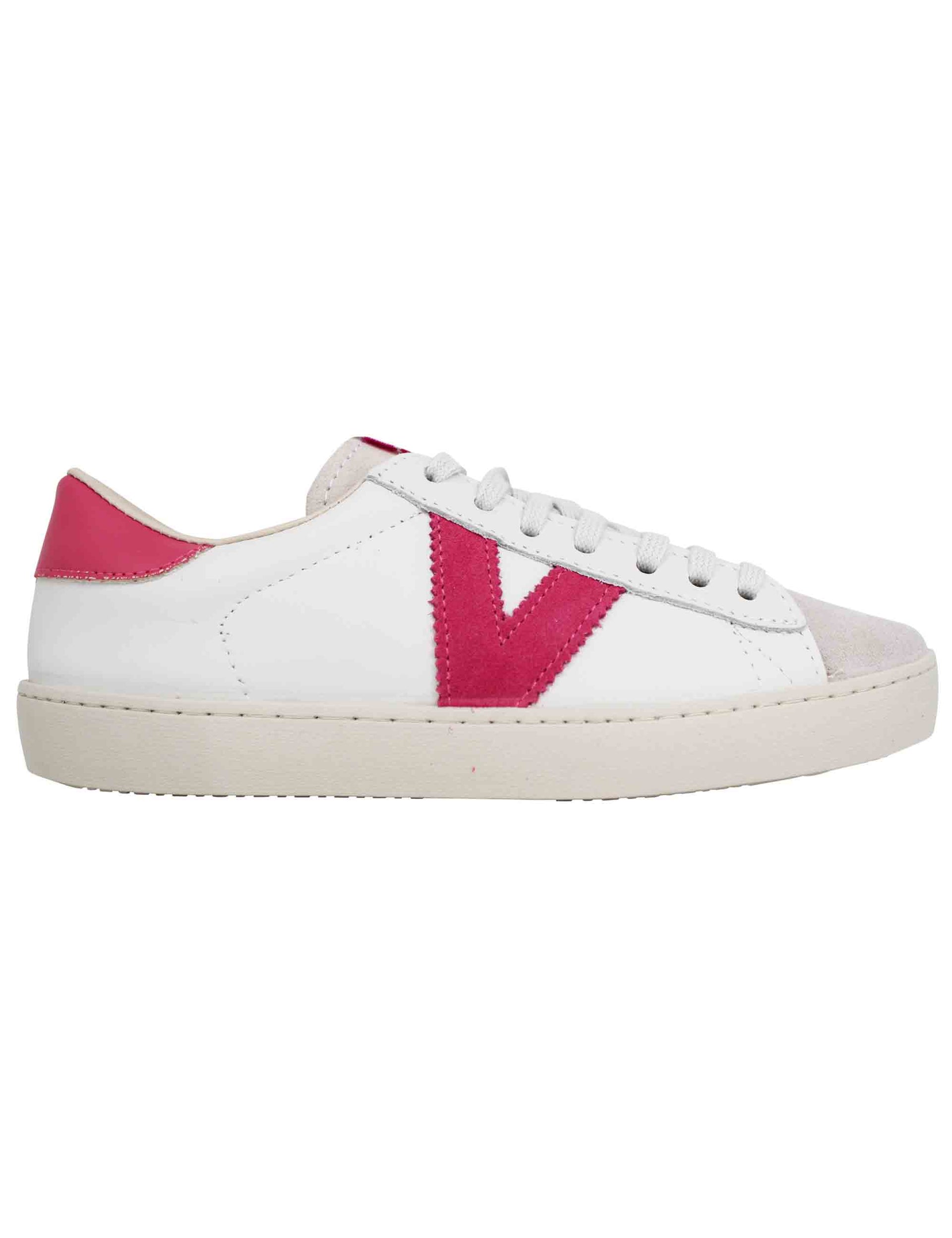 Women's sneakers in white leather with fuchsia inserts