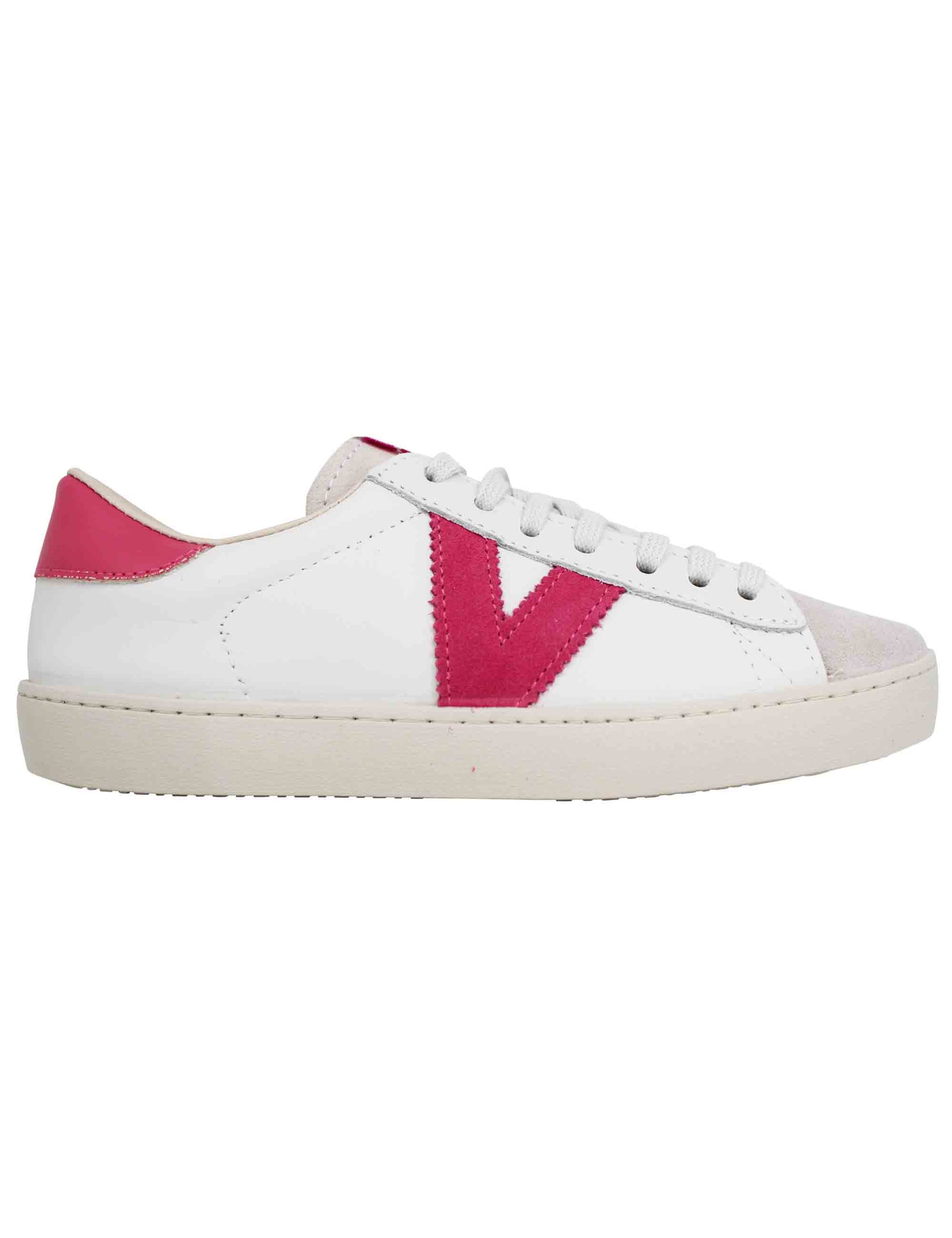 Sneakers donna in pelle bianca con riporti fuxia