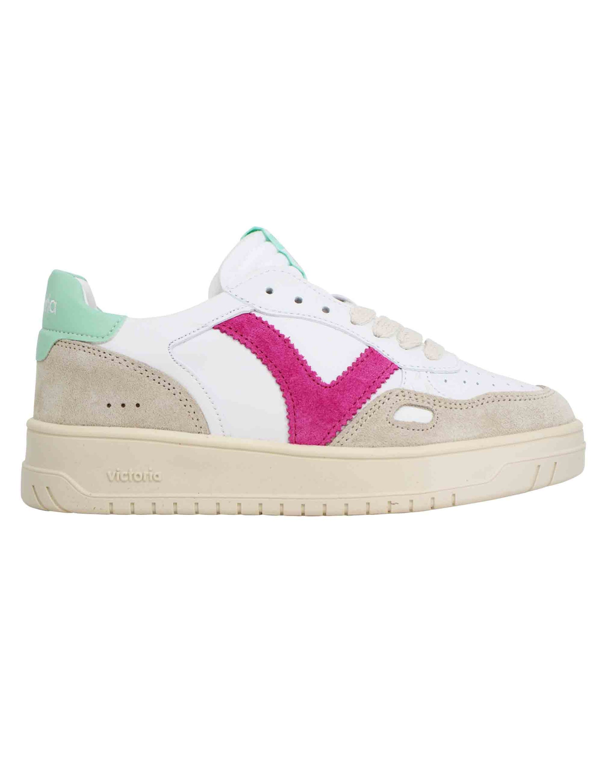 Women's sneakers in white leather with purple inserts and beige suede