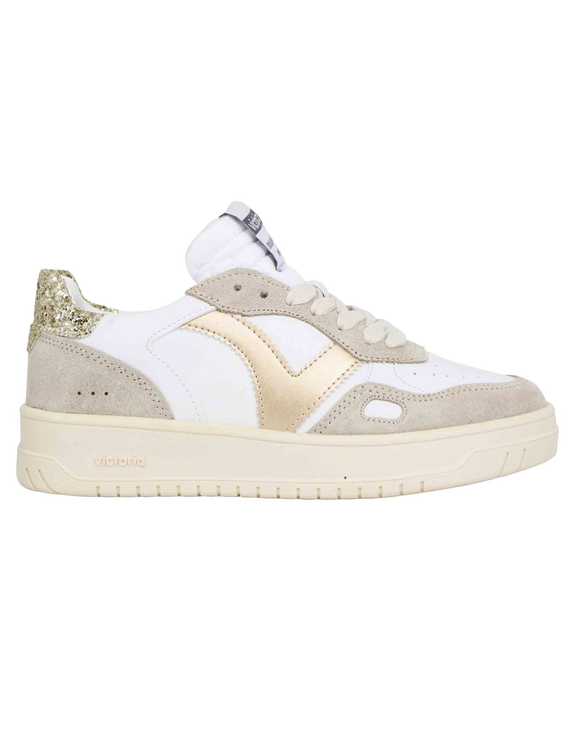 Women's sneakers in white leather with platinum inserts and beige suede
