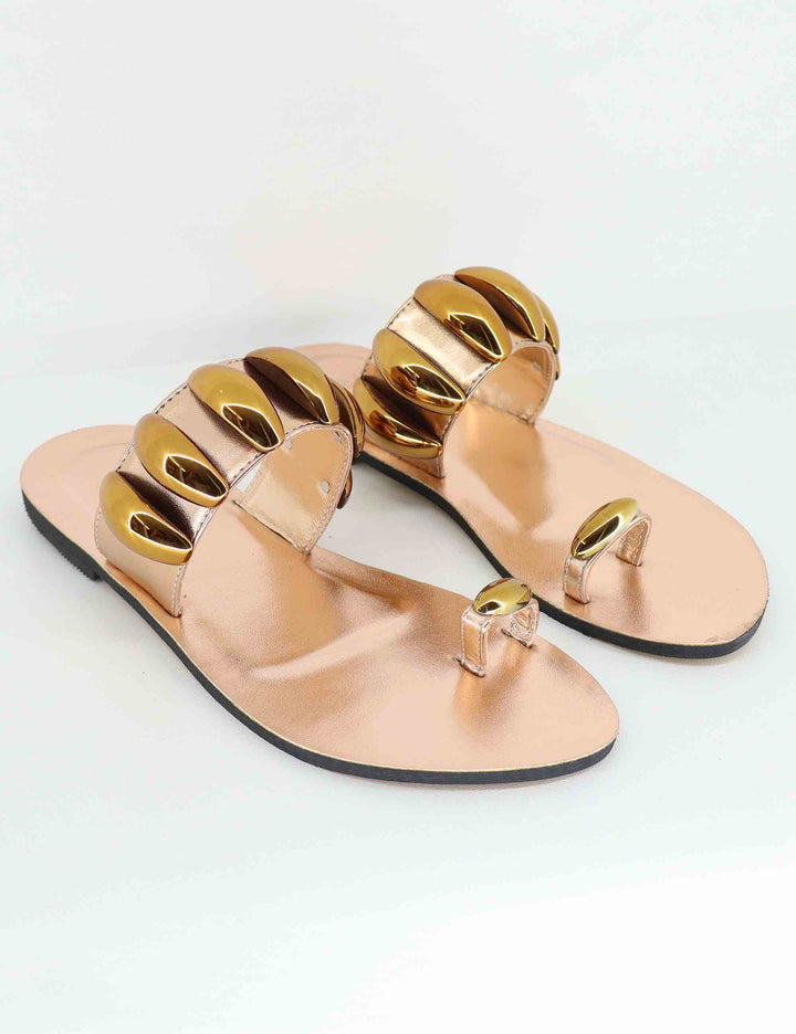 Sandali flat infradito donna in tessuto bronzo con borchie U428B6011721 NSS01 Exe 