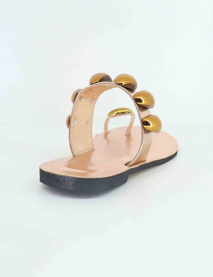 Sandali flat infradito donna in tessuto bronzo con borchie U428B6011721 NSS01 Exe 