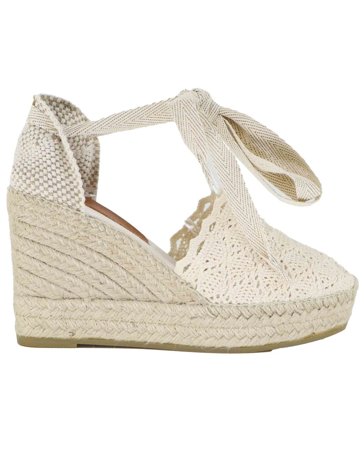 Sandali espadrillas donna in tessuto off white con zeppa alta Martina Cru Toni Pons 