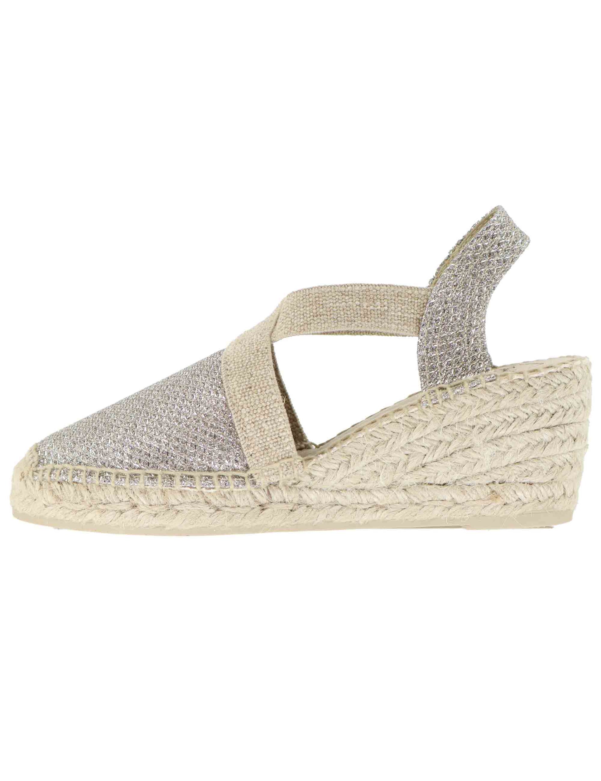 Sandali espadrillas donna in tessuto laminato argento con elastici Triton Plati Toni Pons 