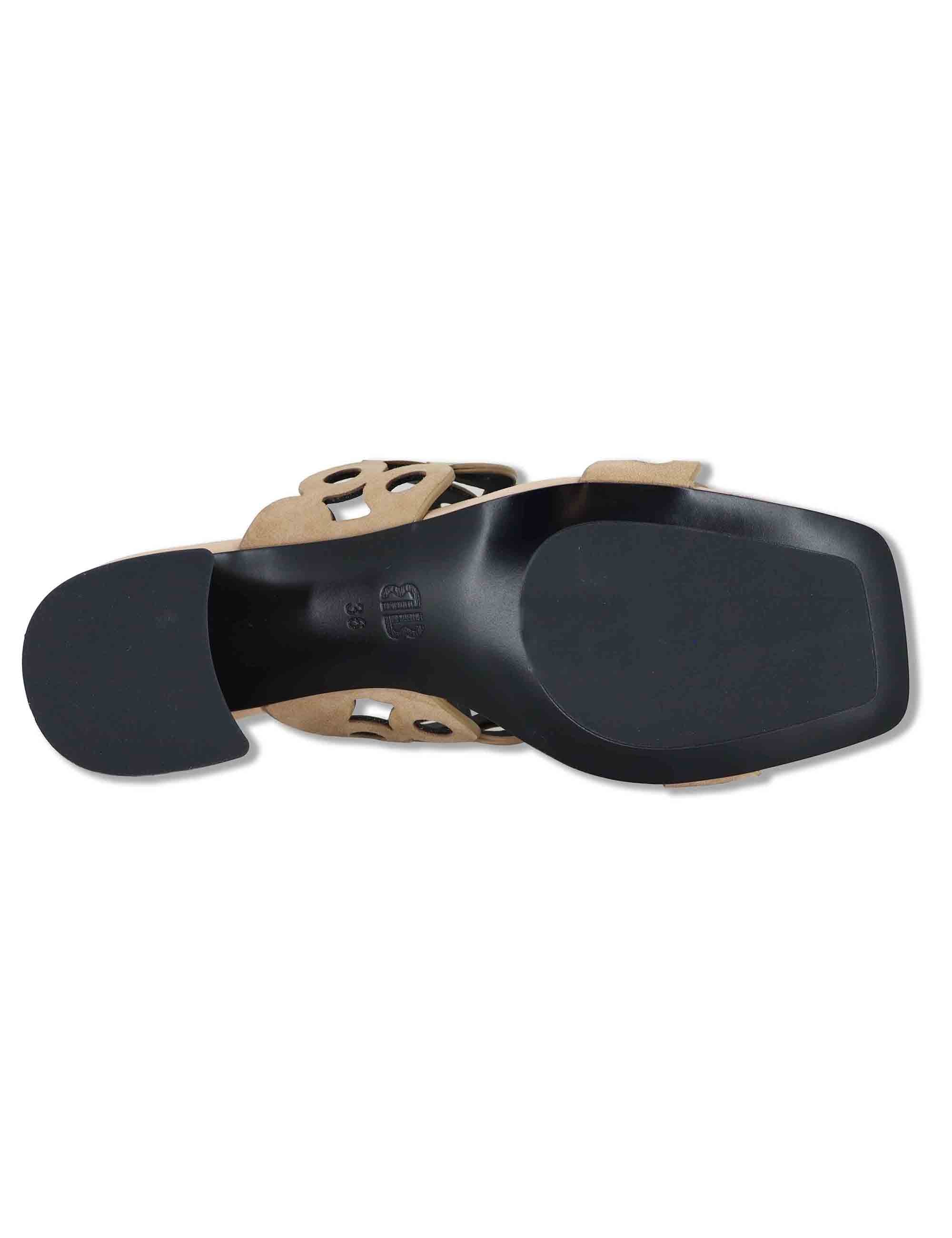 Sandali donna in pelle e camoscio beige con tacco medio Oribu 627Z30VK 95-BEIGE Bibi Lou 