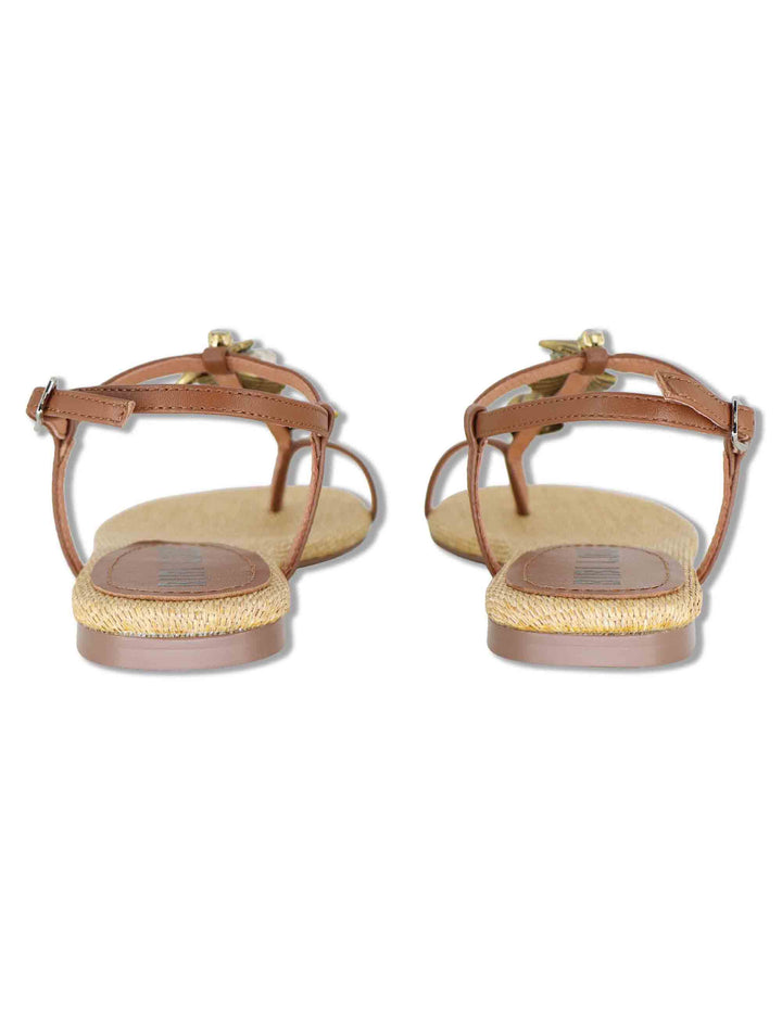 Sandali donna flat in pelle cuoio con accessorio gioiello e sottopiede in rafia 709Z10VK 92-CUERO Bibi Lou 