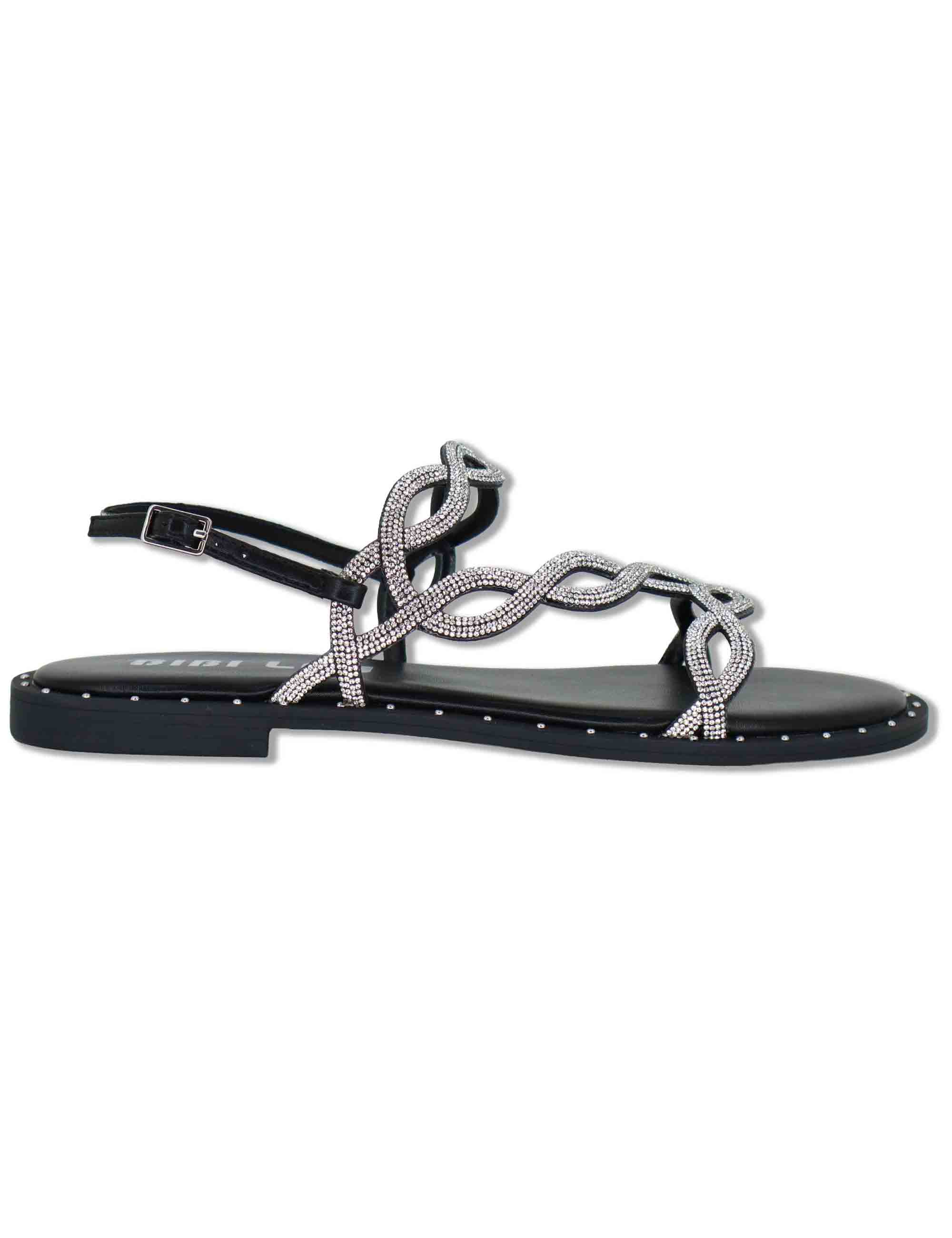 Sandali flat donna in pelle e strass argento con cinturino regolabile Illion 888Z00HG 09-PLOMO Bibi Lou 