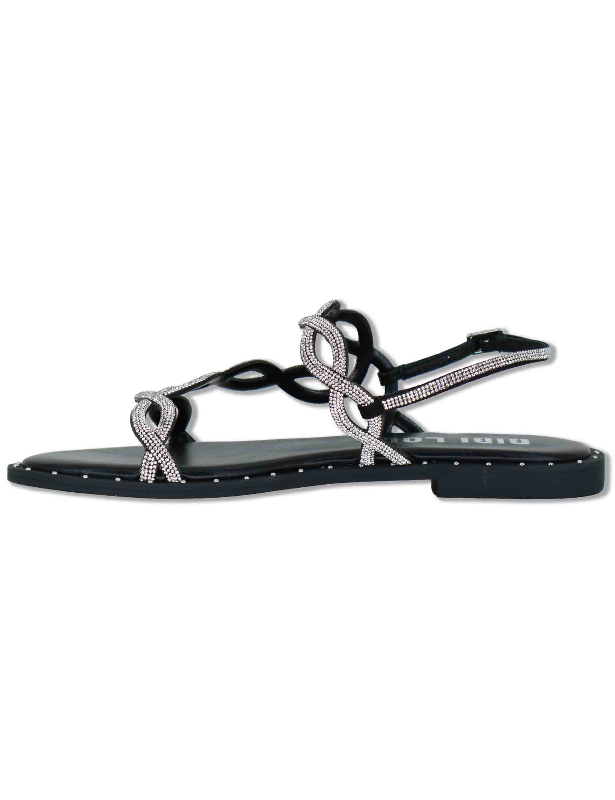 Sandali flat donna in pelle e strass argento con cinturino regolabile Illion 888Z00HG 09-PLOMO Bibi Lou 