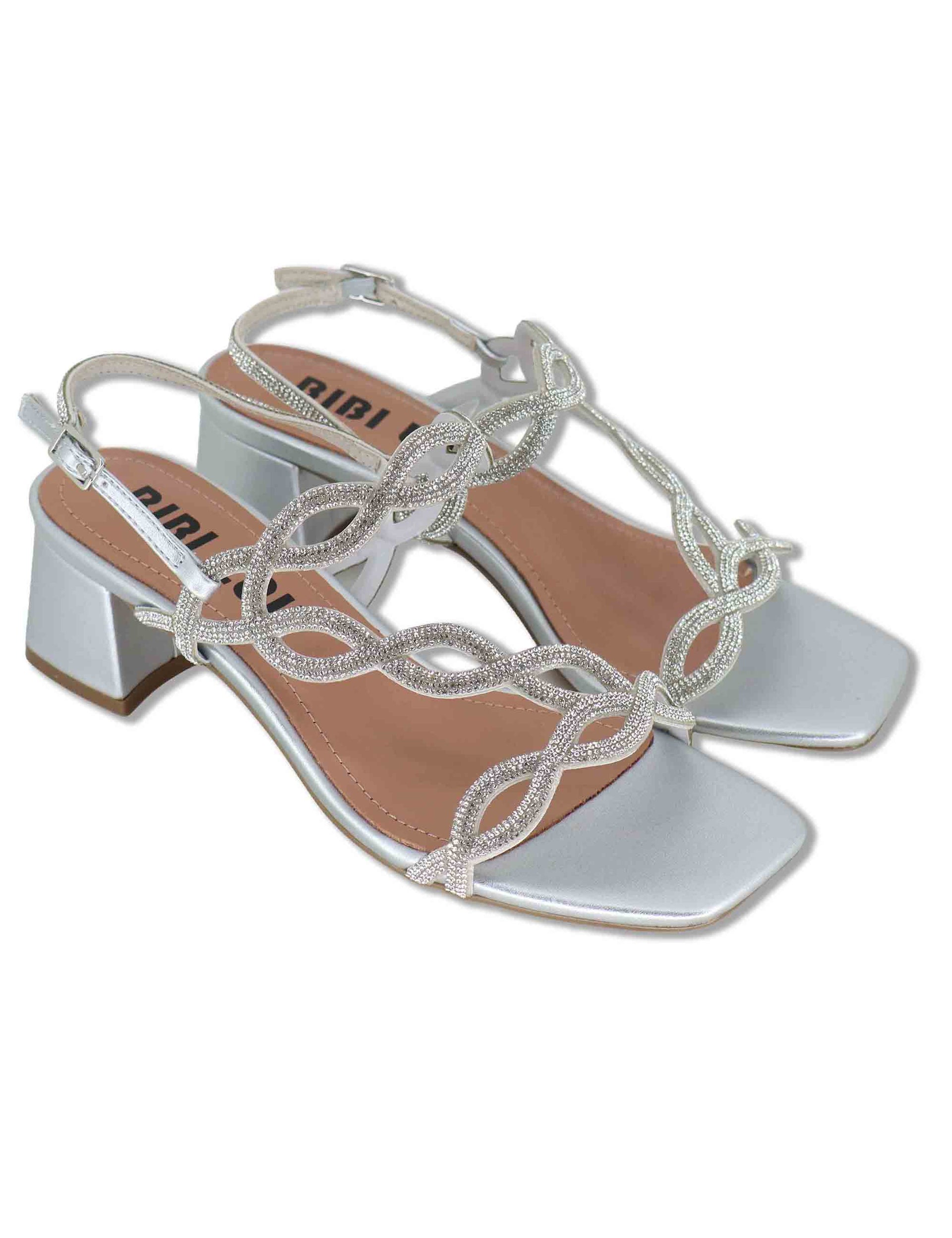 Sandali donna slingback in pelle e strass argento con tacco medio Dill 889Z00HG 01-PLATA Bibi Lou 