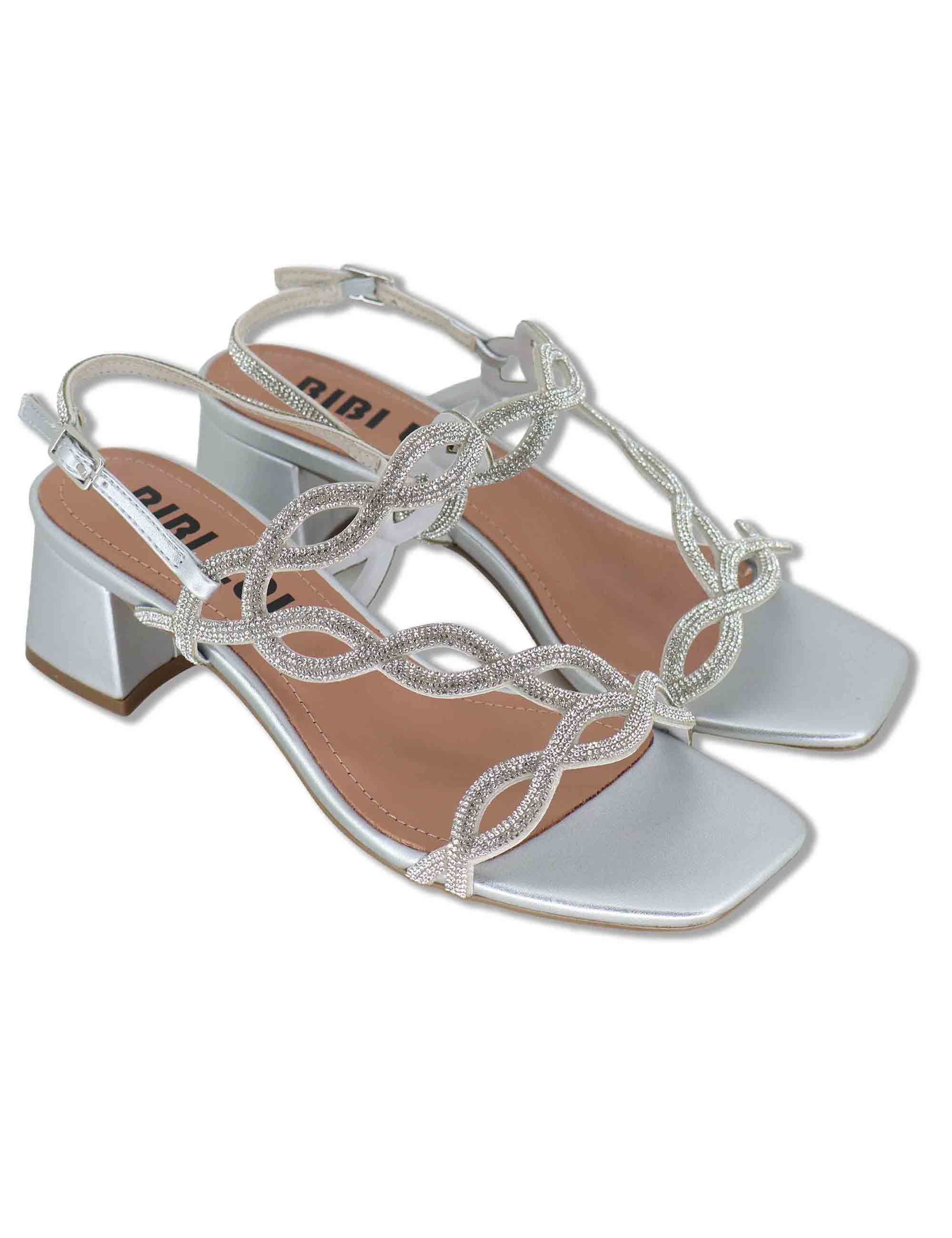 Sandali donna slingback in pelle e strass argento con tacco medio Dill 889Z00HG 01-PLATA Bibi Lou 