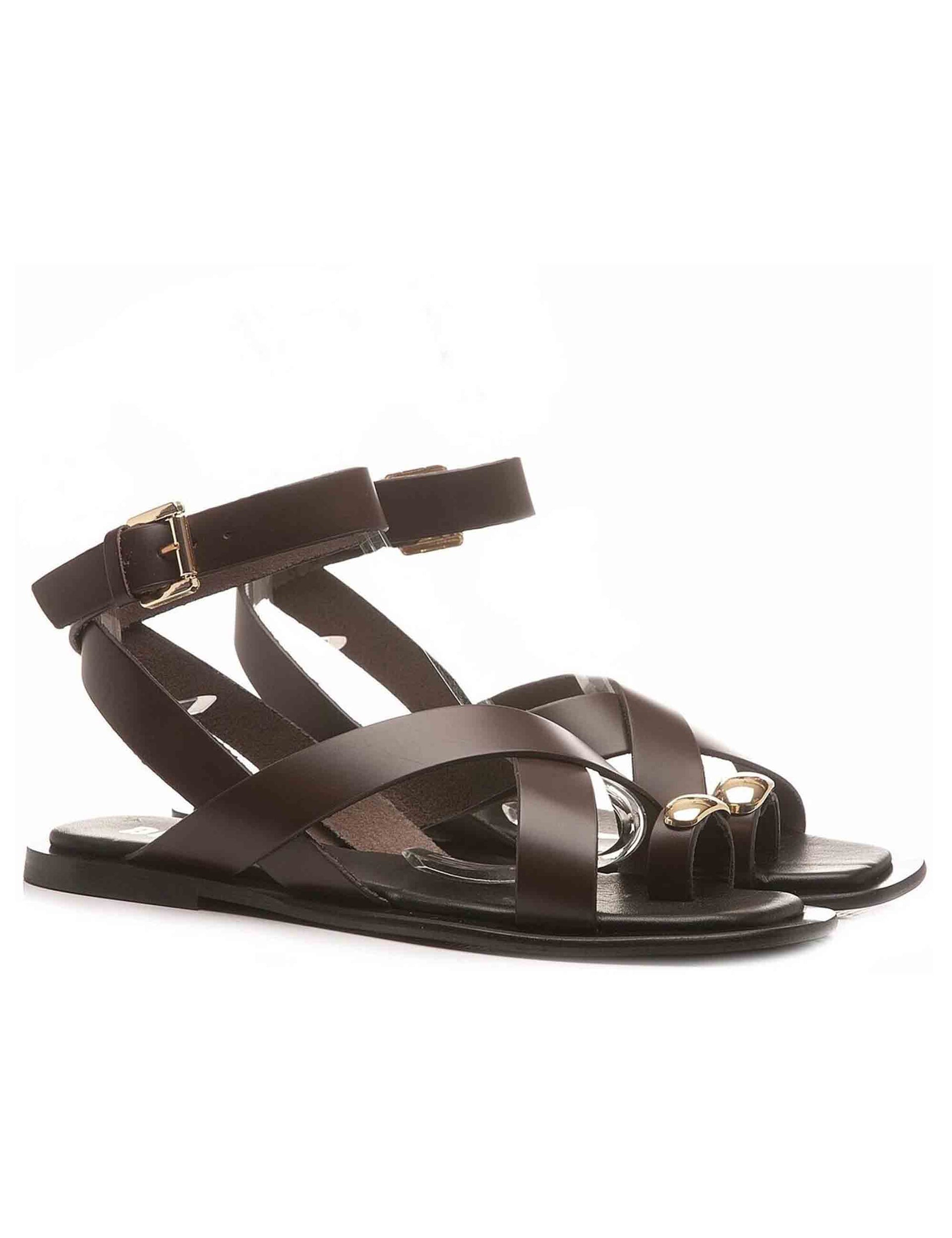Sandali donna infradito in pelle marrone con borchie oro e tacco basso Vaz 902Z08AA 90-MARRON Bibi Lou 