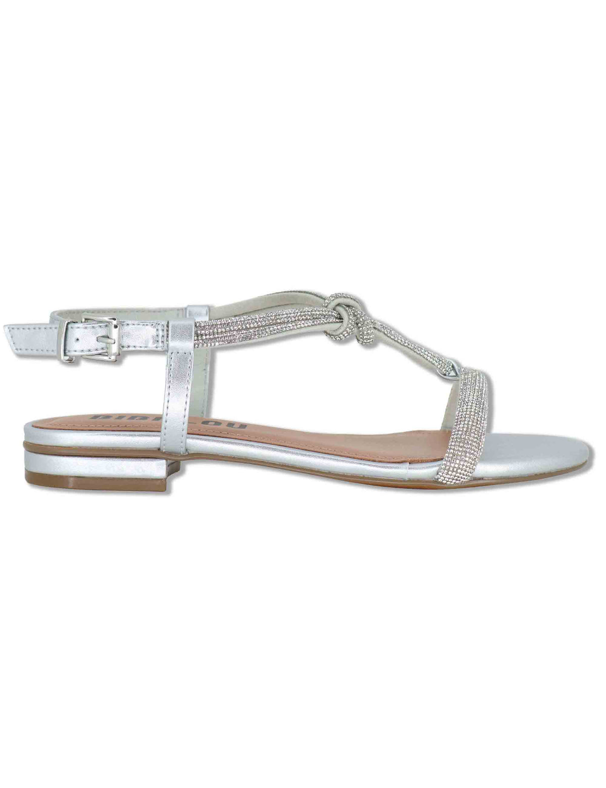 Sandali donna flat in pelle e strass argento con cinturino regolabile Myna 956Z00HG 01-PLATA Bibi Lou 