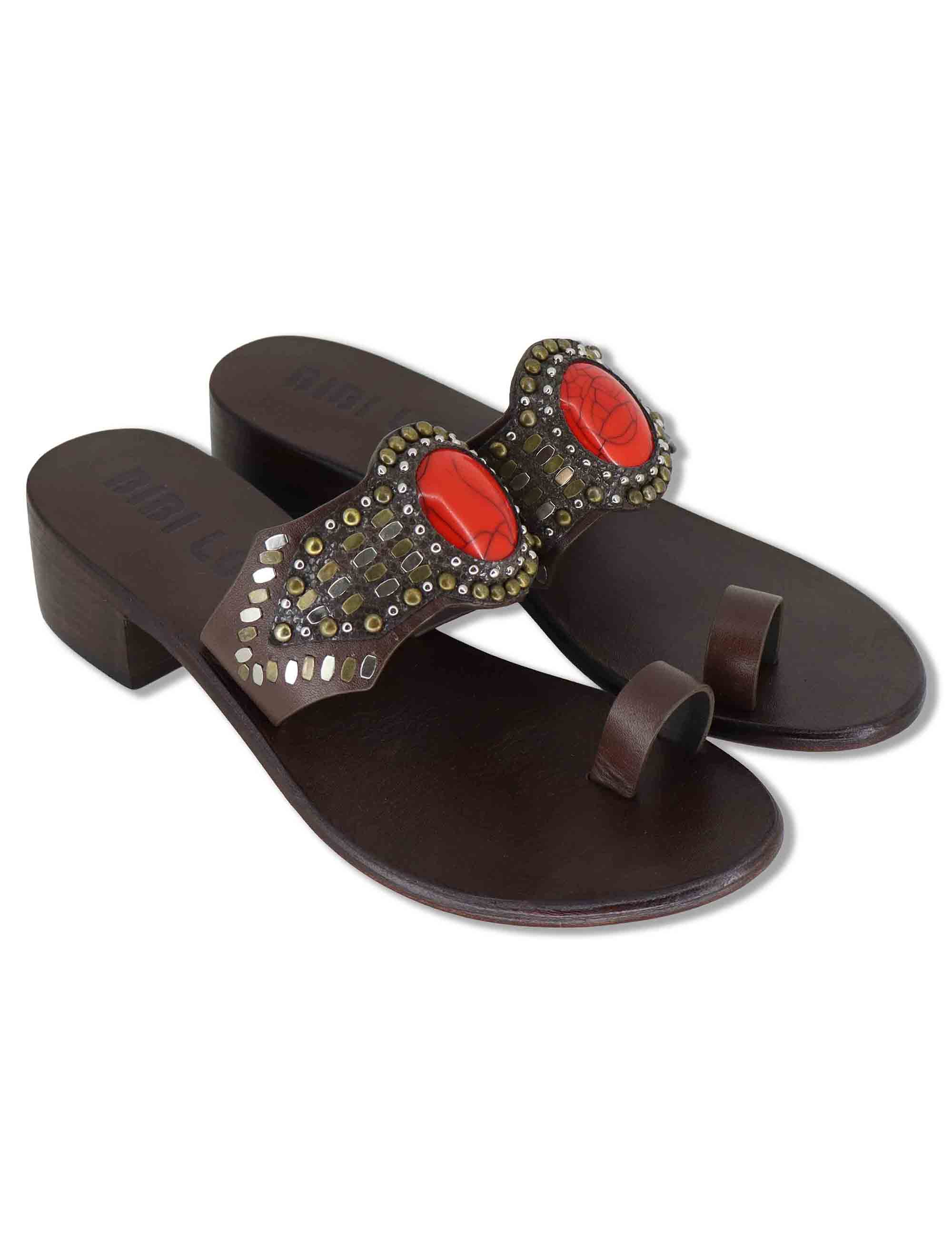 Sandali donna infradito in camoscio marrone con pietre e tacco medio in cuoio Teak 979Z88KW 40-ROJO Bibi Lou 