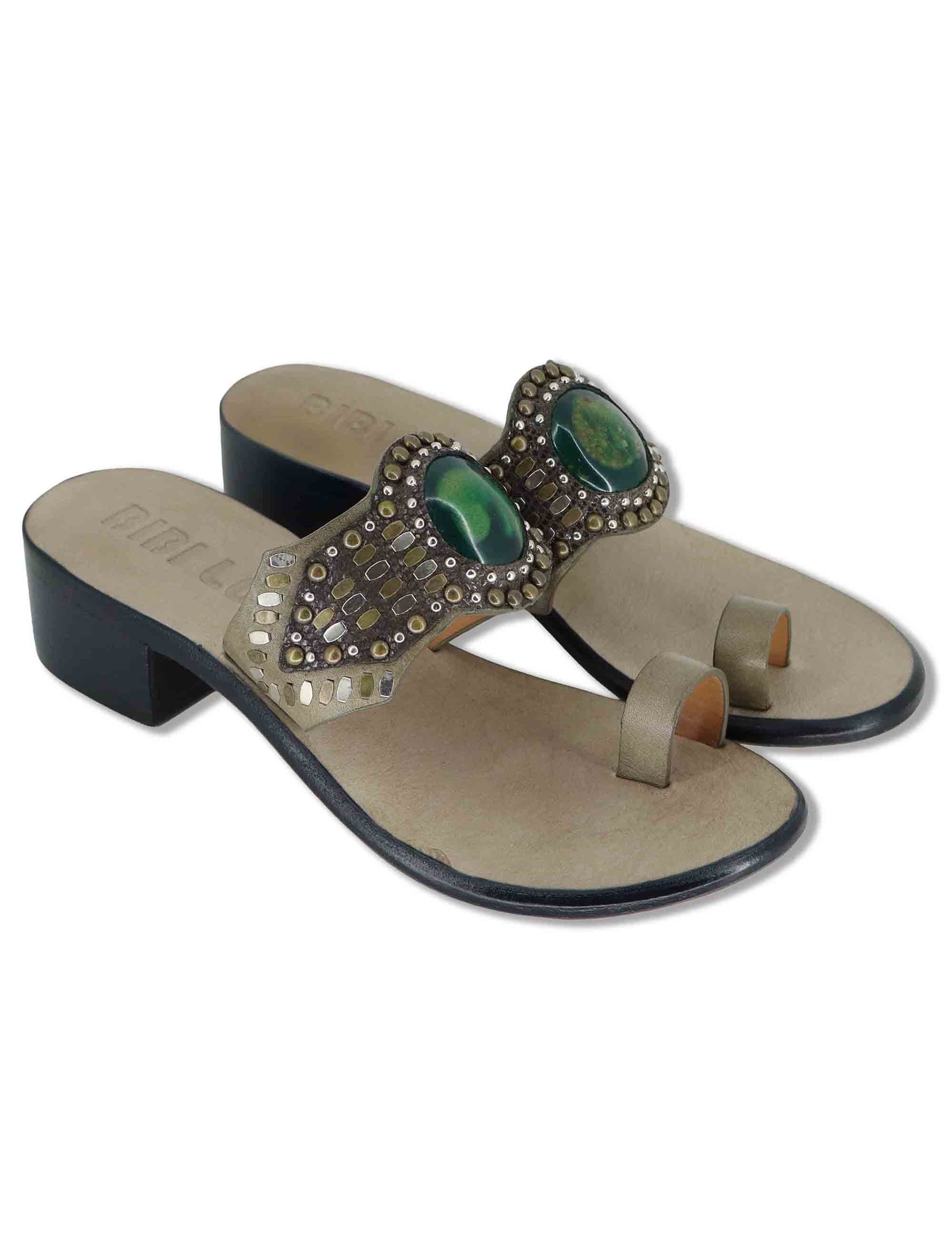 Sandali donna infradito in camoscio taupe con pietre e tacco medio in cuoio Teak 979Z88KW 70-VERDE Bibi Lou 