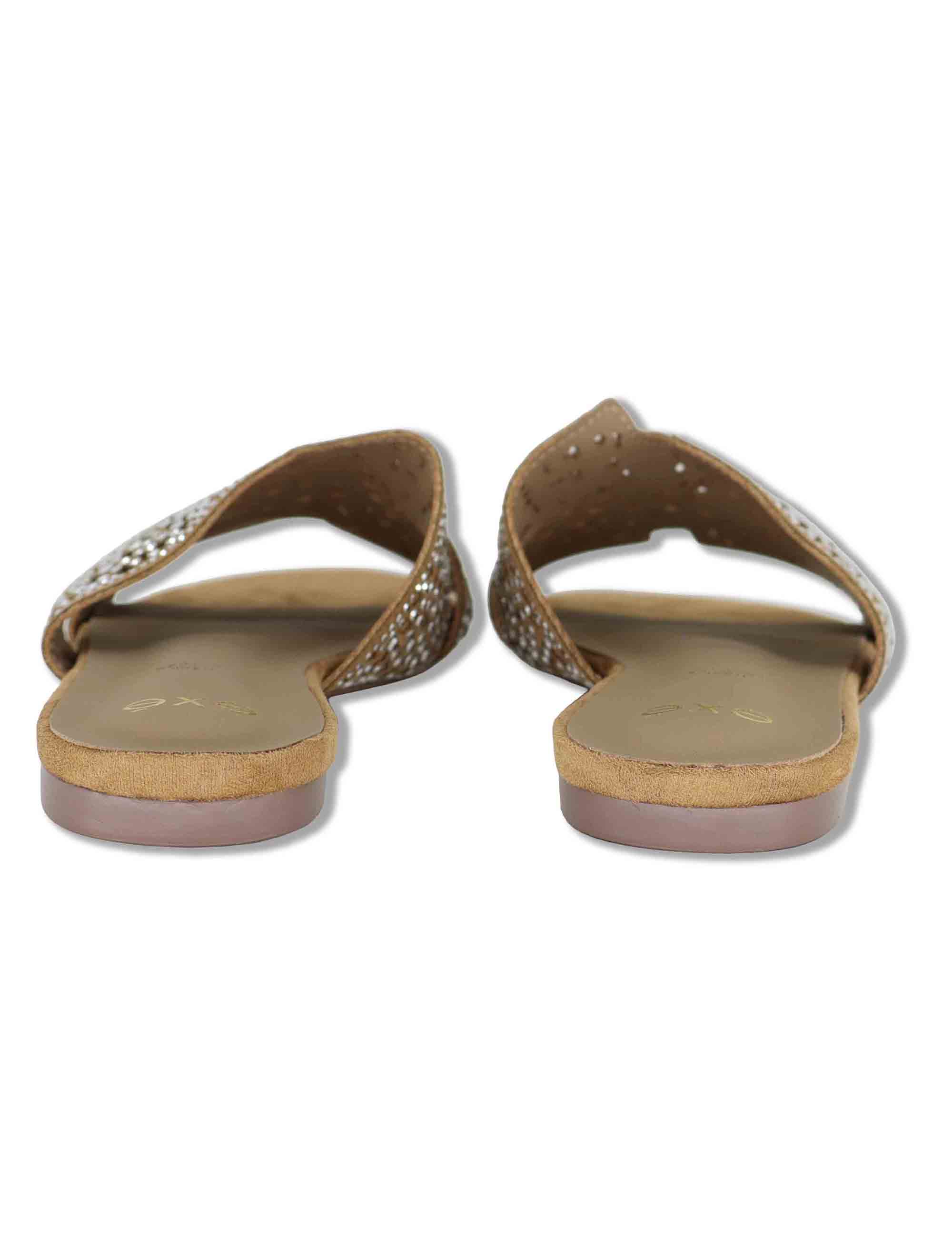Sandali scalzati donna in tessuto beige con borchie oro 2133-2532 232 Exe 