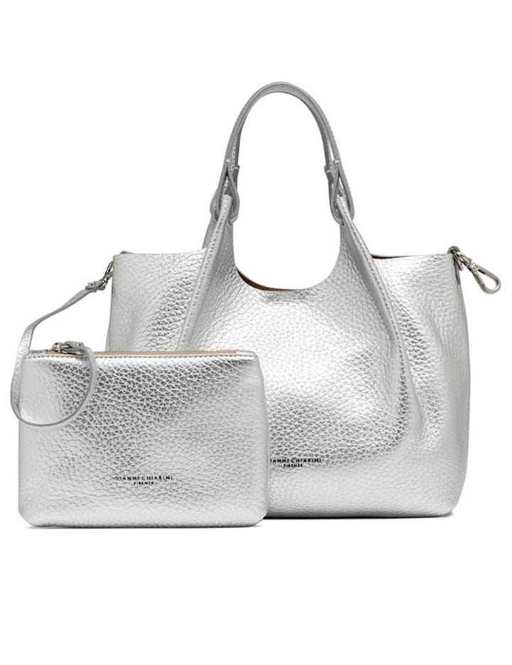 Borse donna Dua in pelle laminata argento con doppi manici e tracolla BS9719 RNGDBL T.U. 14369 Gianni Chiarini 