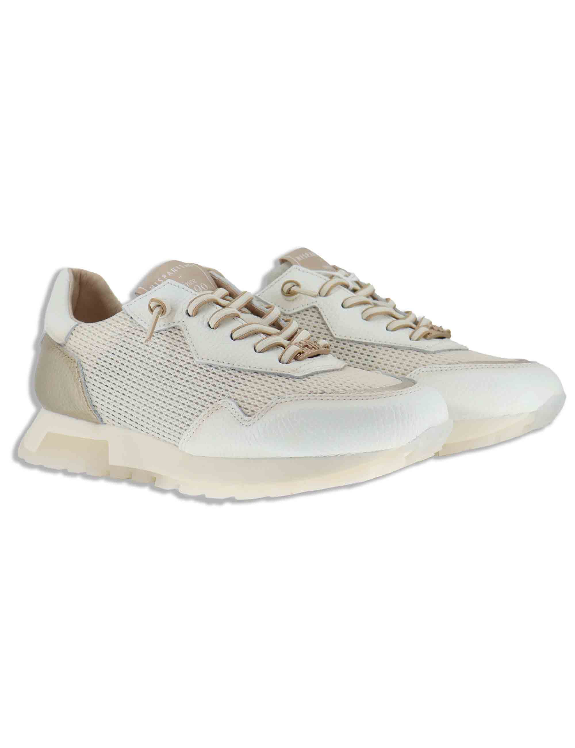 Sneakers donna in pelle e tessuto off white con riporti in pelle platino HV264825 PANNA Hispanitas 