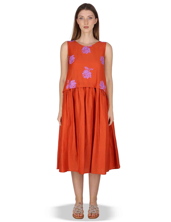 Abito donna Airy Midi Flow in lino rosso con stampa floreale JABAB0001-F1522-1232 2520 Justmine 
