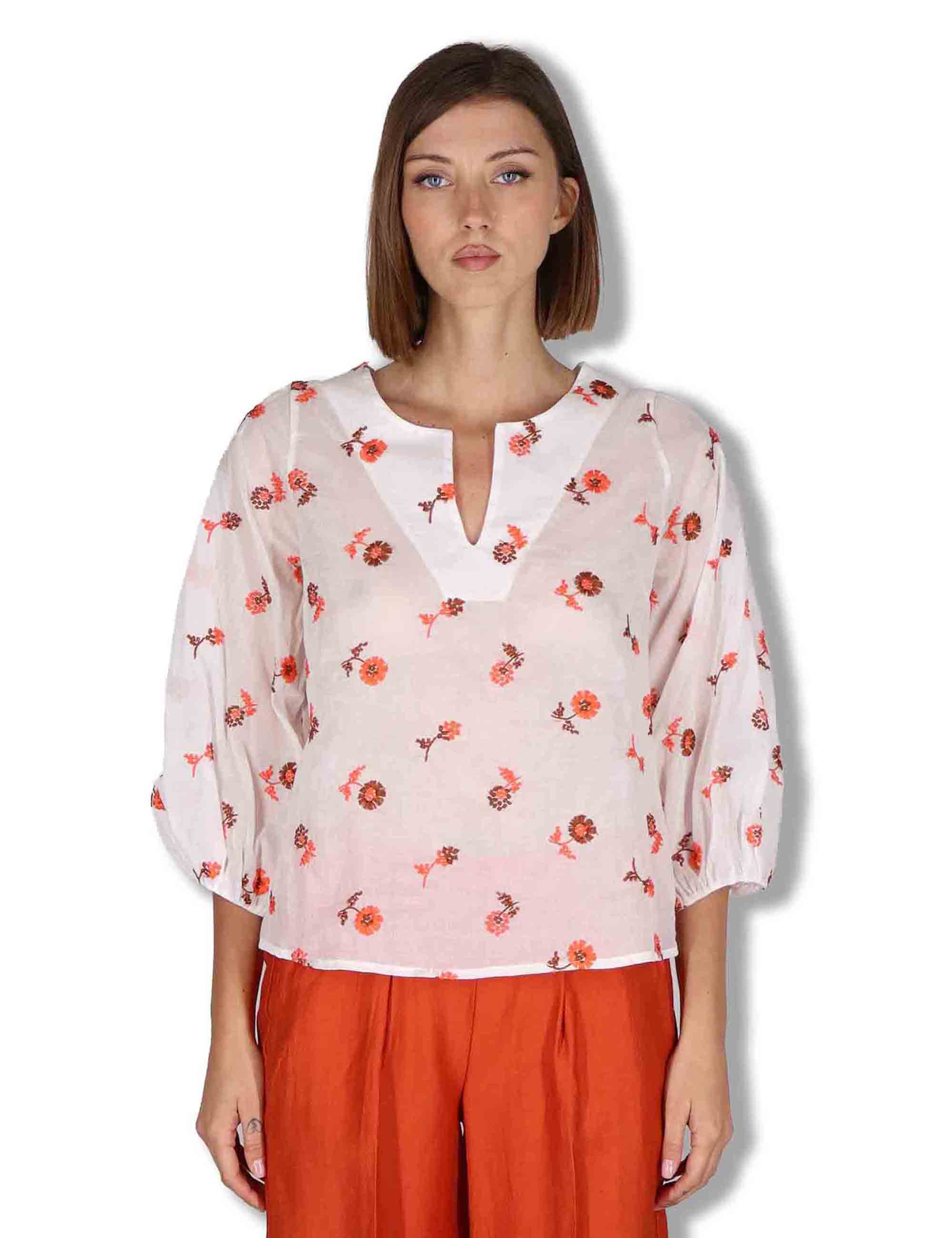 Camicie donna in cotone off white con ricami florali e maniche a 3/4 JABCM0001-F1509-1231 85 Justmine 