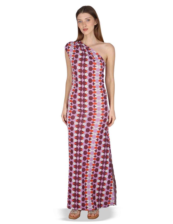 Abiti donna Asymmetric Draped monospalla in tessuto lilla stampato JFAAB0001-F1481-1261 4235 Justmine 