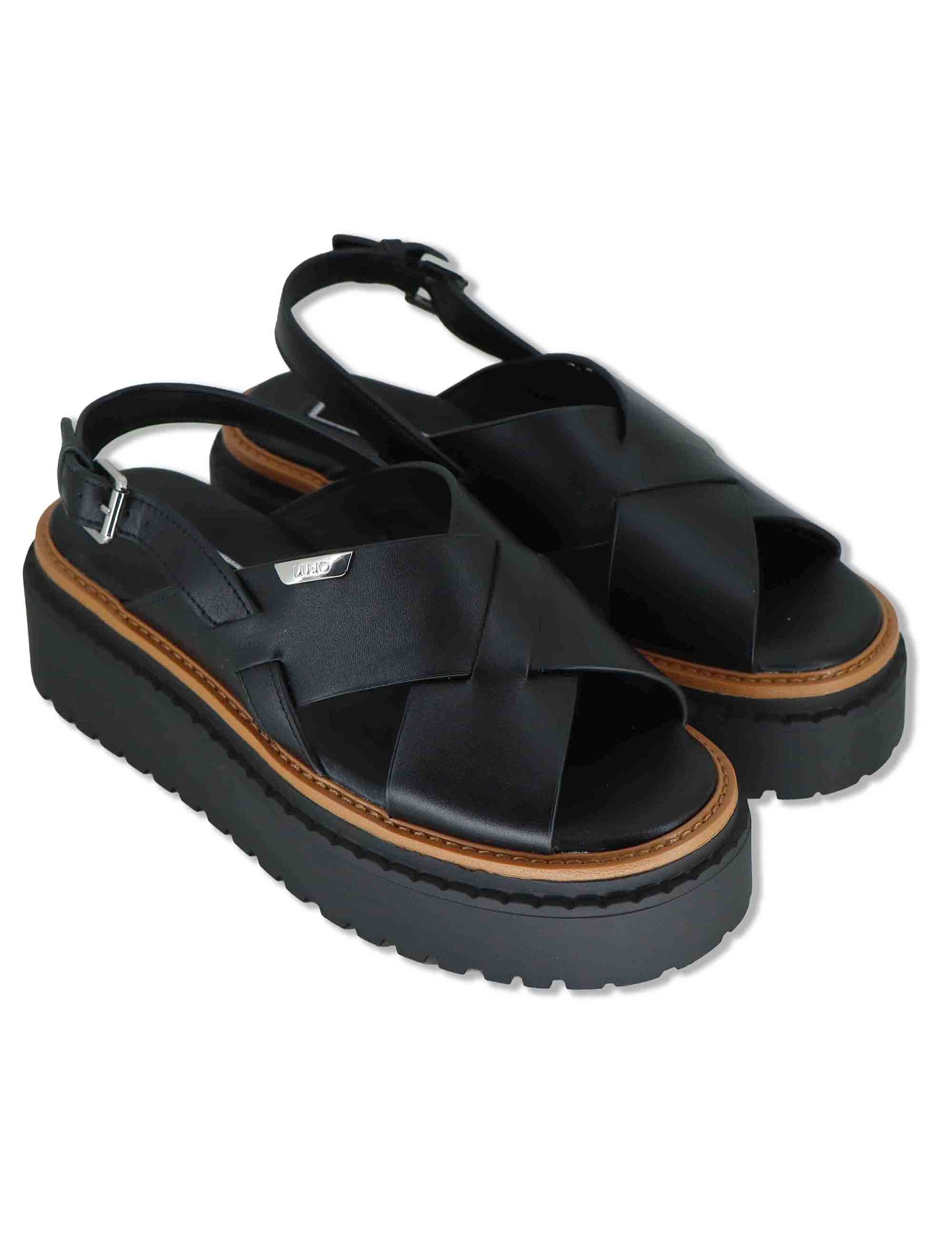 Sandali donna in pelle nera a doppio incorcio e zeppa in gomma BESSIE 02 BLACK Liu-Jo 