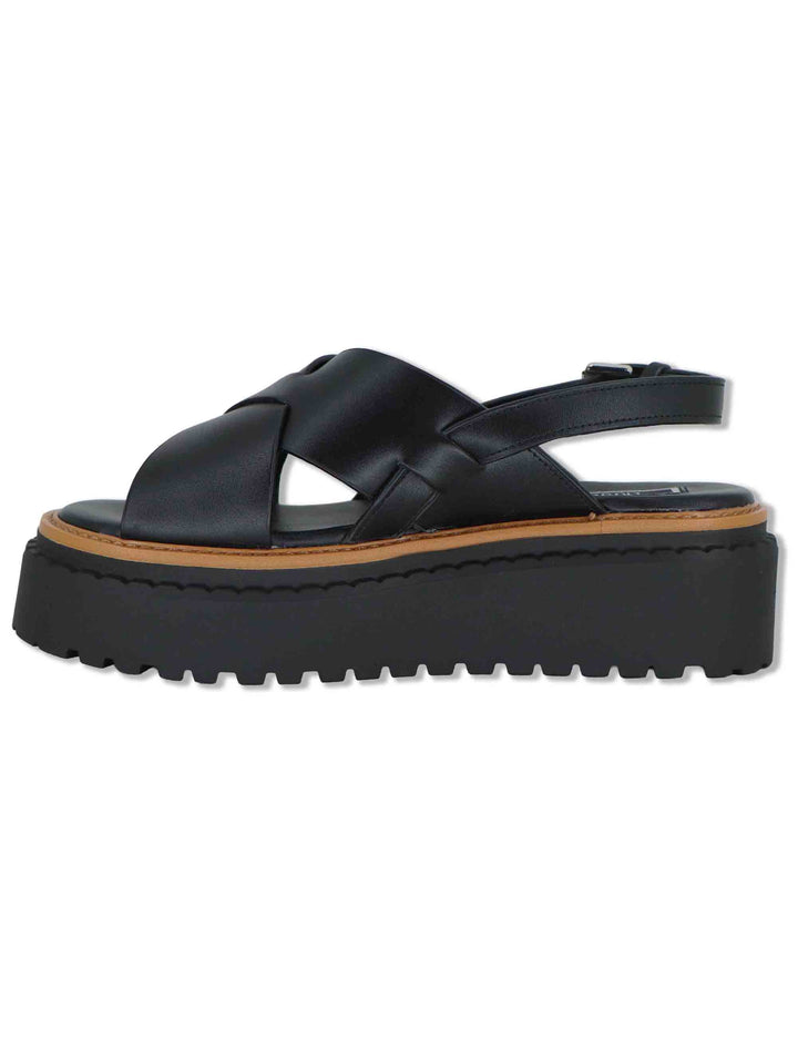 Sandali donna in pelle nera a doppio incorcio e zeppa in gomma BESSIE 02 BLACK Liu-Jo 