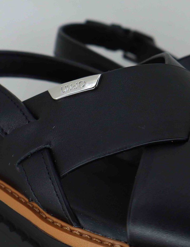 Sandali donna in pelle nera a doppio incorcio e zeppa in gomma BESSIE 02 BLACK Liu-Jo 