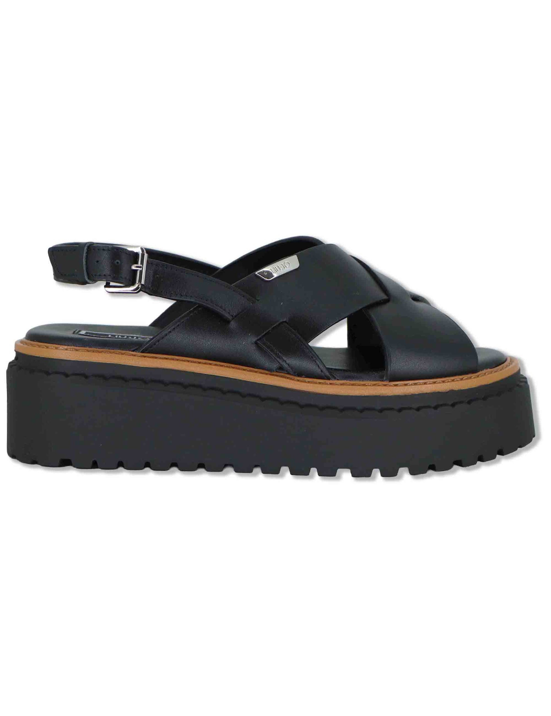 Sandali donna in pelle nera a doppio incorcio e zeppa in gomma BESSIE 02 BLACK Liu-Jo 