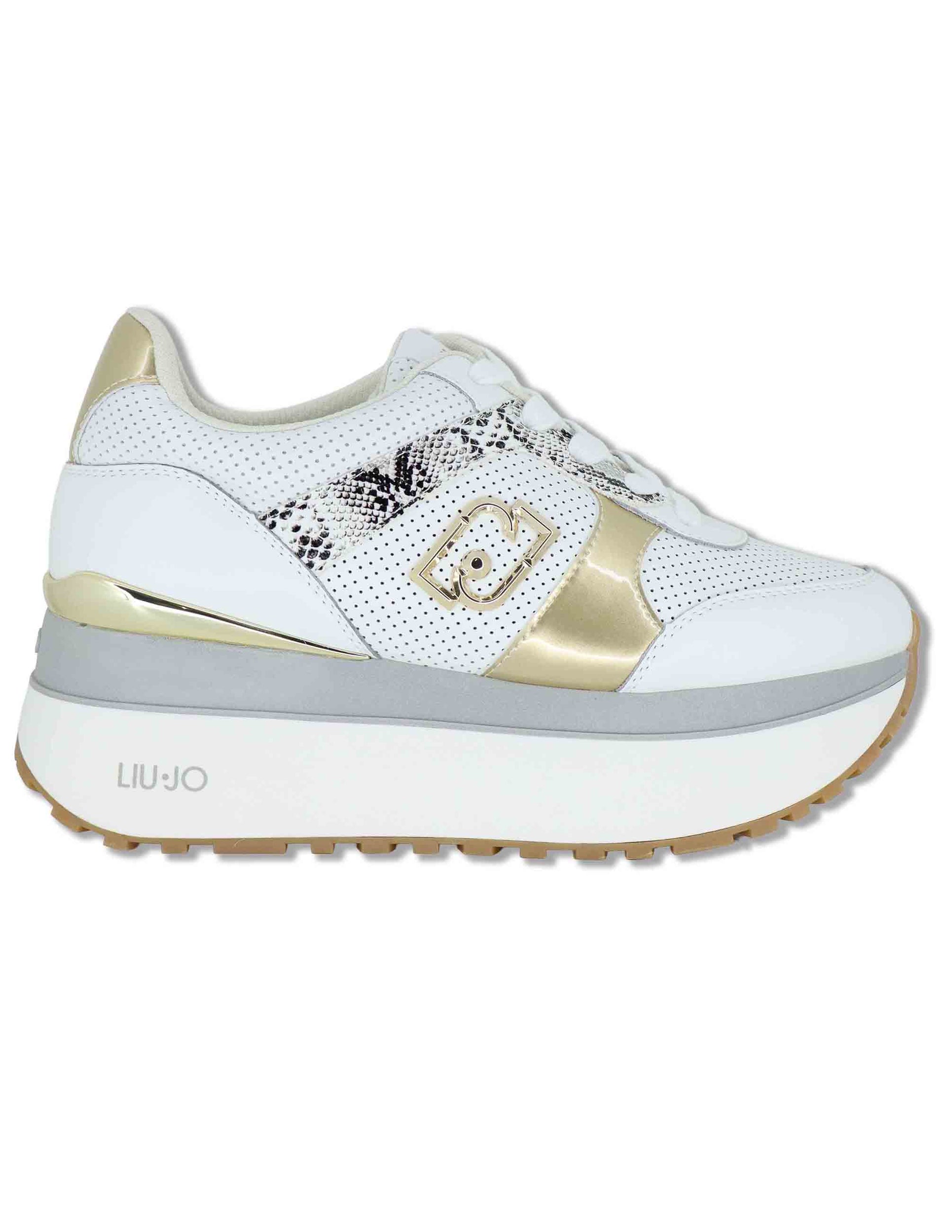 Sneakers donna in pelle bianca con riporti in contrasto e suola alta 5cm MAXI WONDER 02 BIS GOLD Liu-Jo 