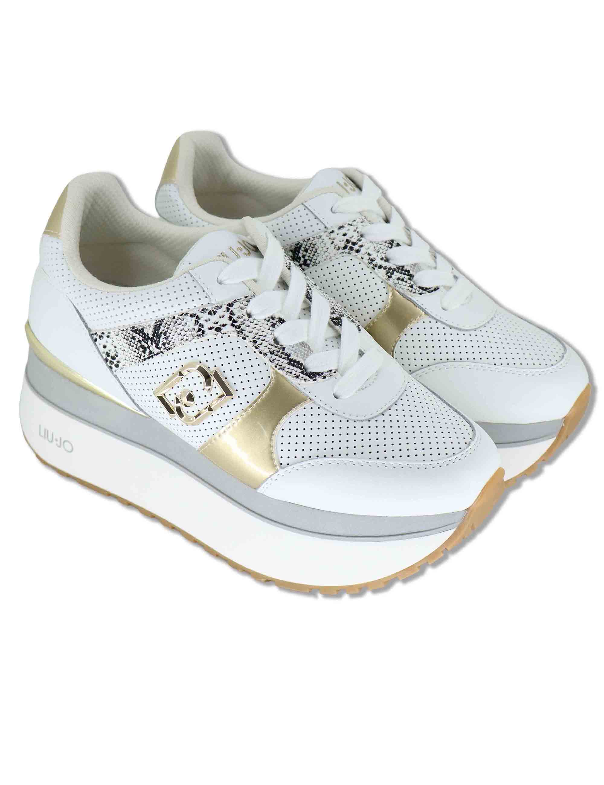 Sneakers donna in pelle bianca con riporti in contrasto e suola alta 5cm MAXI WONDER 02 BIS GOLD Liu-Jo 