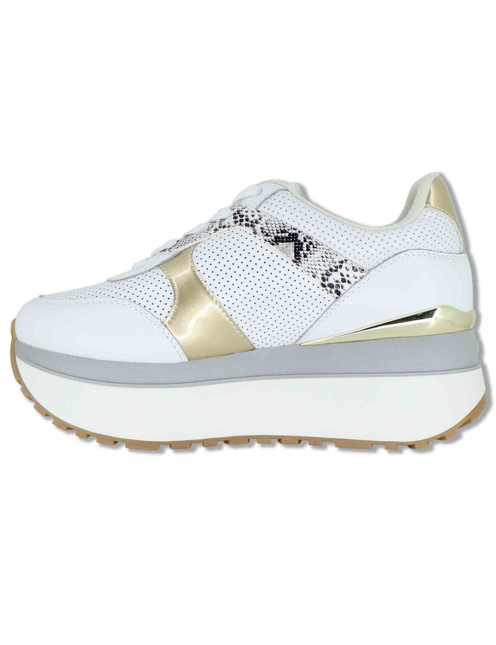 Sneakers donna in pelle bianca con riporti in contrasto e suola alta 5cm MAXI WONDER 02 BIS GOLD Liu-Jo 