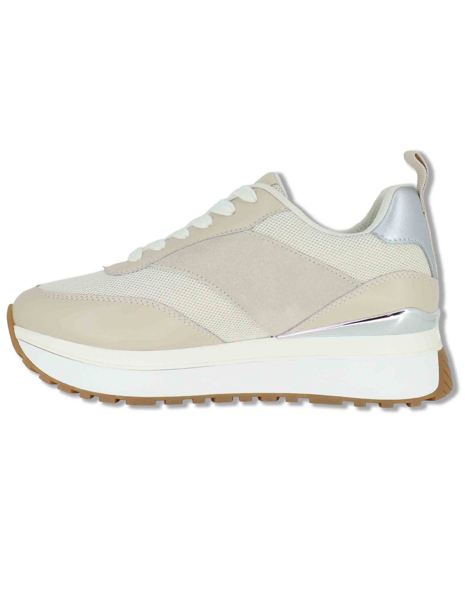 Sneakers donna in pelle e tessuto beige con suola alta in gomma MAXI WONDER 97 BIS ROPE Liu-Jo 