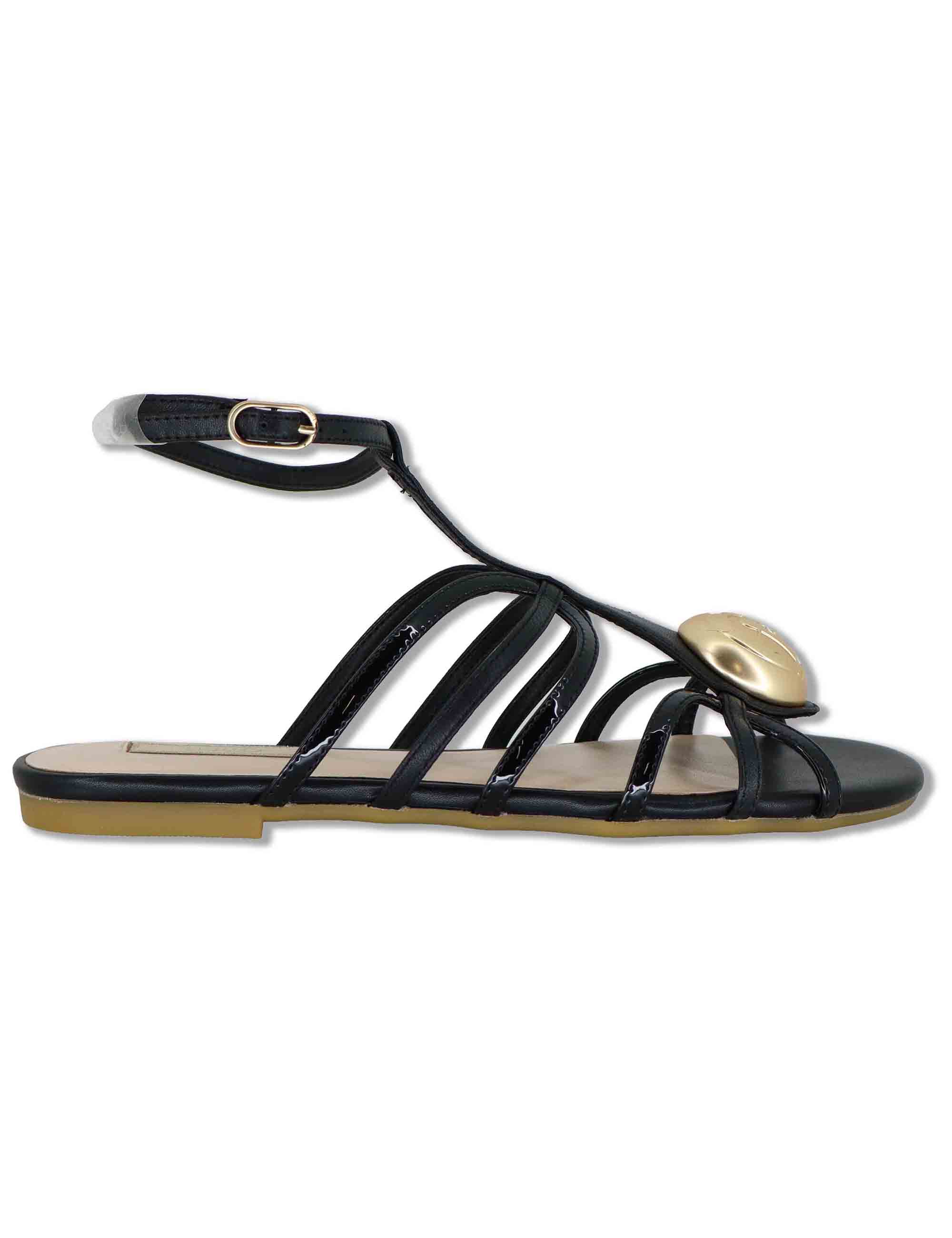 Sandali bassi donna in pelle nera con fascette e cinturino alla caviglia SANDY 02 BLACK Liu-Jo 