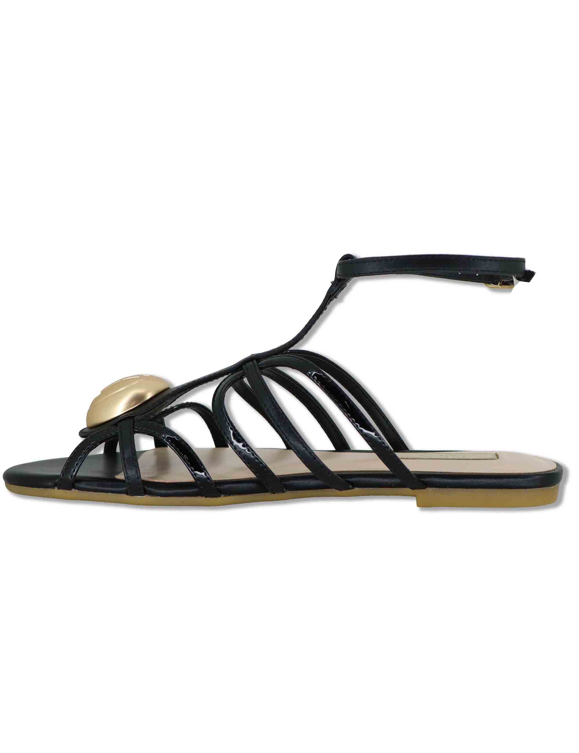 Sandali bassi donna in pelle nera con fascette e cinturino alla caviglia SANDY 02 BLACK Liu-Jo 