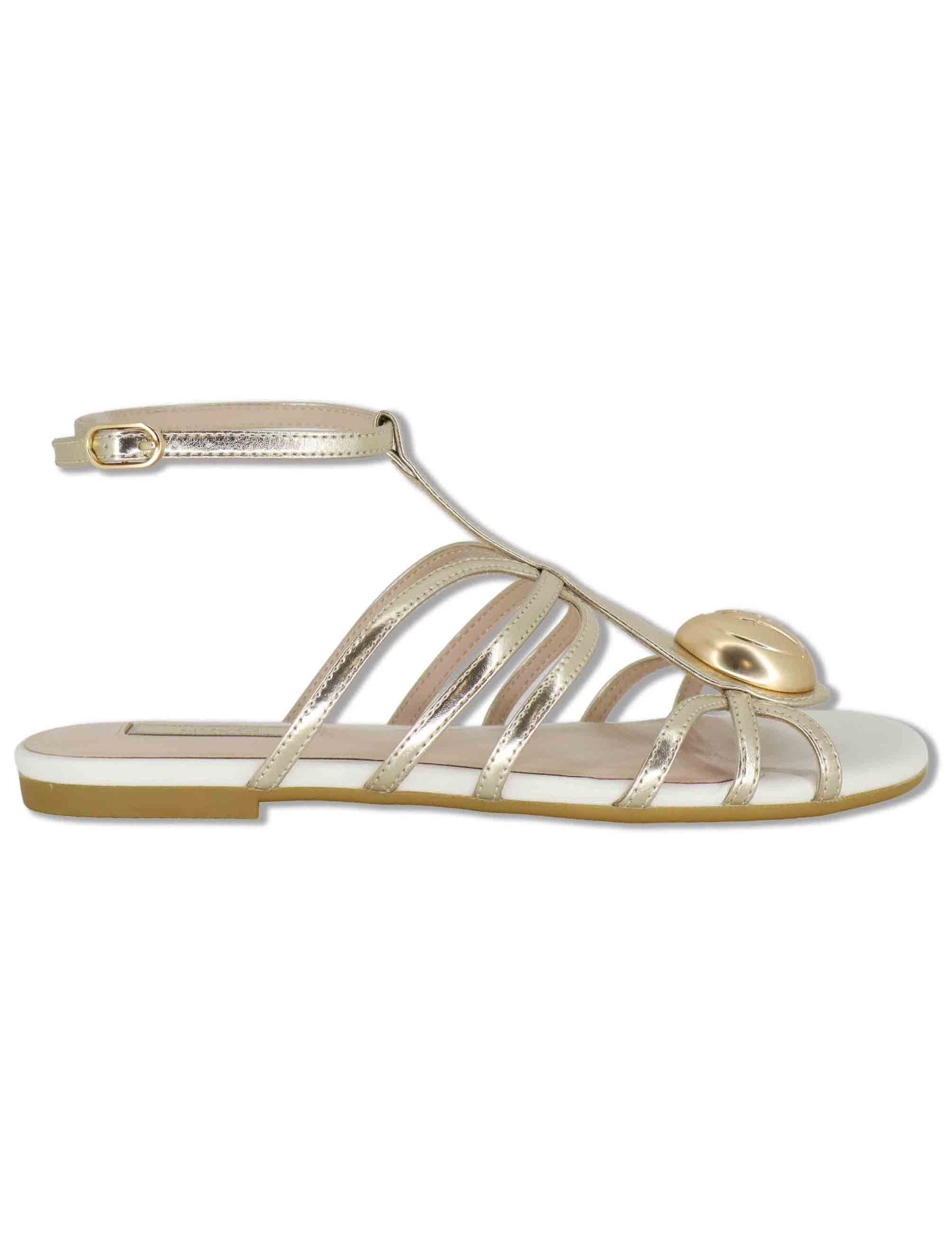 Sandali bassi donna in pelle platino con fascette e cinturino alla caviglia SANDY 02 GOLD Liu-Jo 