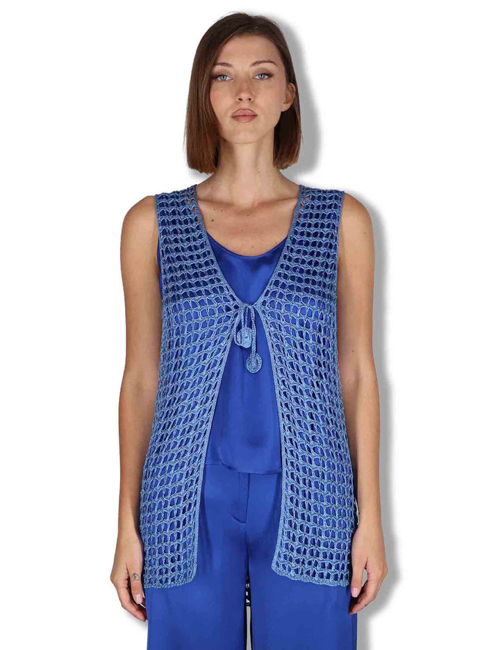 Gilet donna Metallic Lurex in cotone blu e argento con nappine JE113078213 96009 Maliparmi 