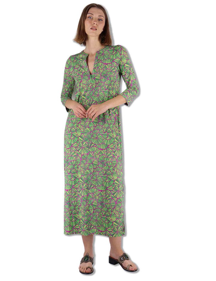 Abiti lunghi donna Shell in tessuto stampato verde con maniche a 3/4 JF667370672 A5032 Maliparmi 