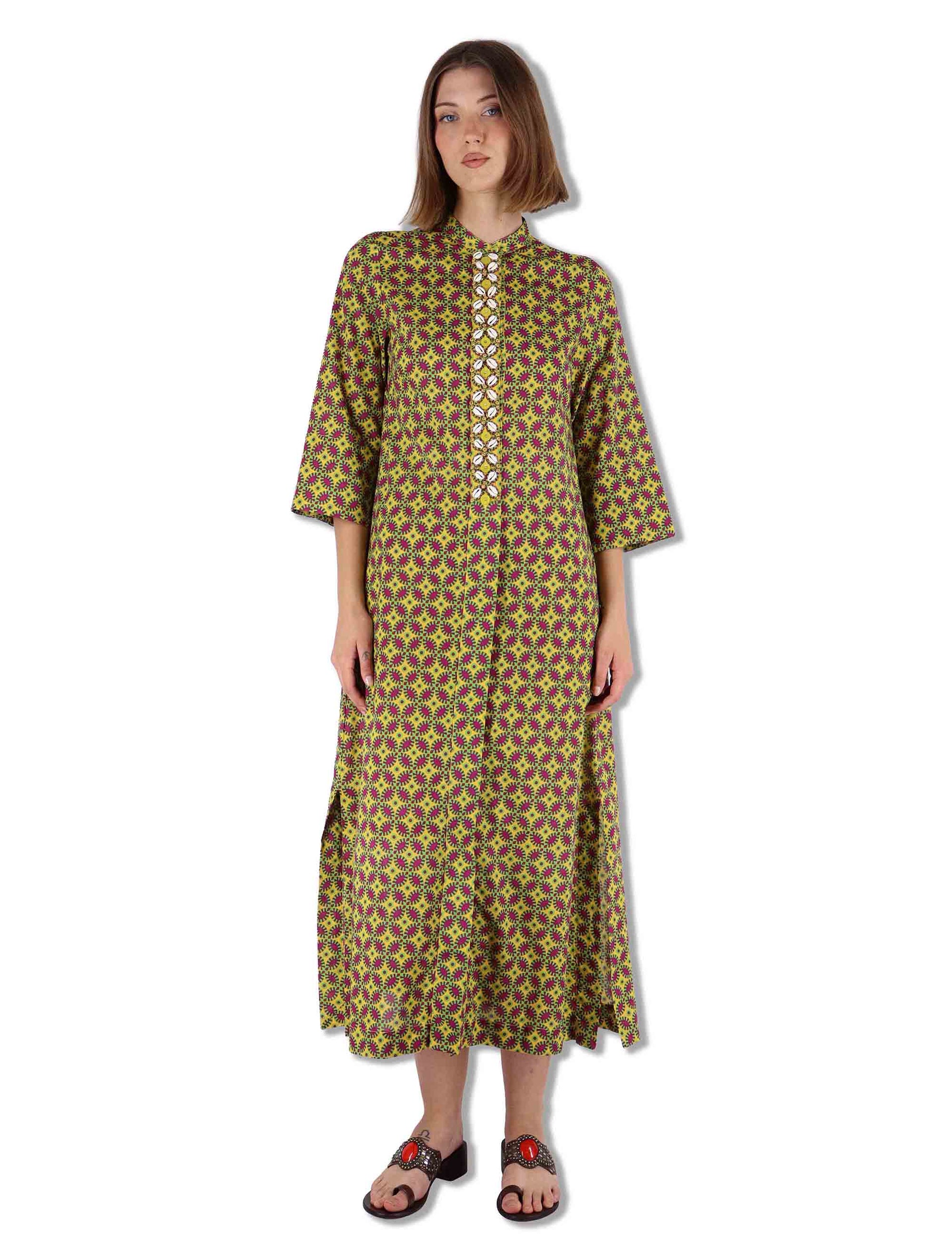 Abiti lunghi donna Floral Spin in cotone verde fantasia e maniche lunghe JF669915215 B7003 Maliparmi 