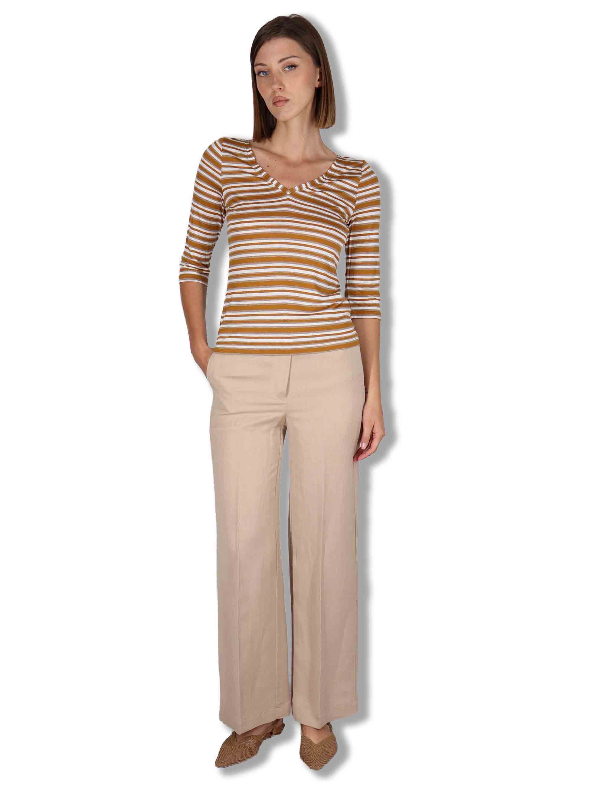 Pantaloni donna Timeless in lino sabbia a gamba larga e tasche laterali JH803340106 11024 Maliparmi 