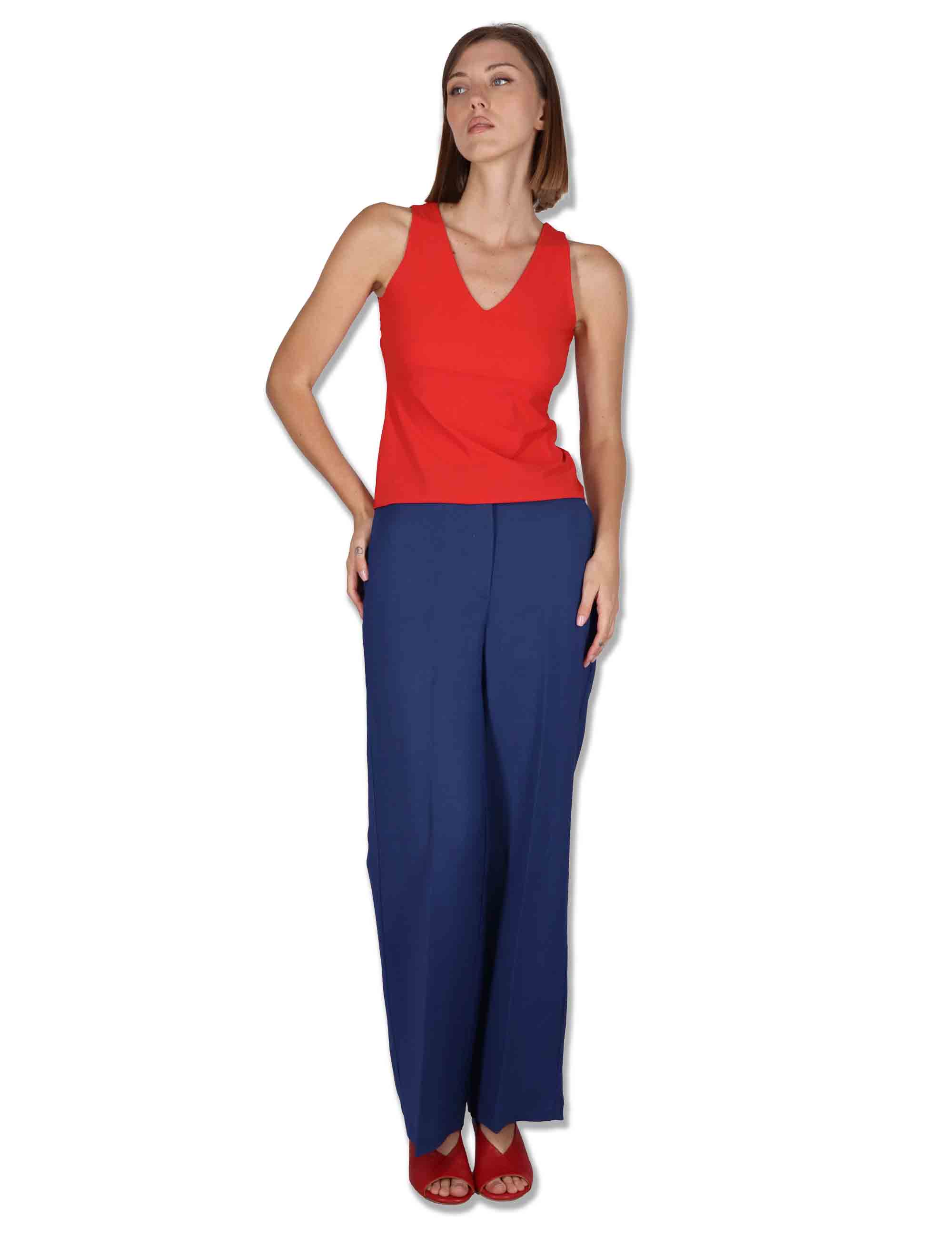 Pantaloni donna Timeless in lino blu a gamba larga e tasche laterali JH803340106 80049 Maliparmi 