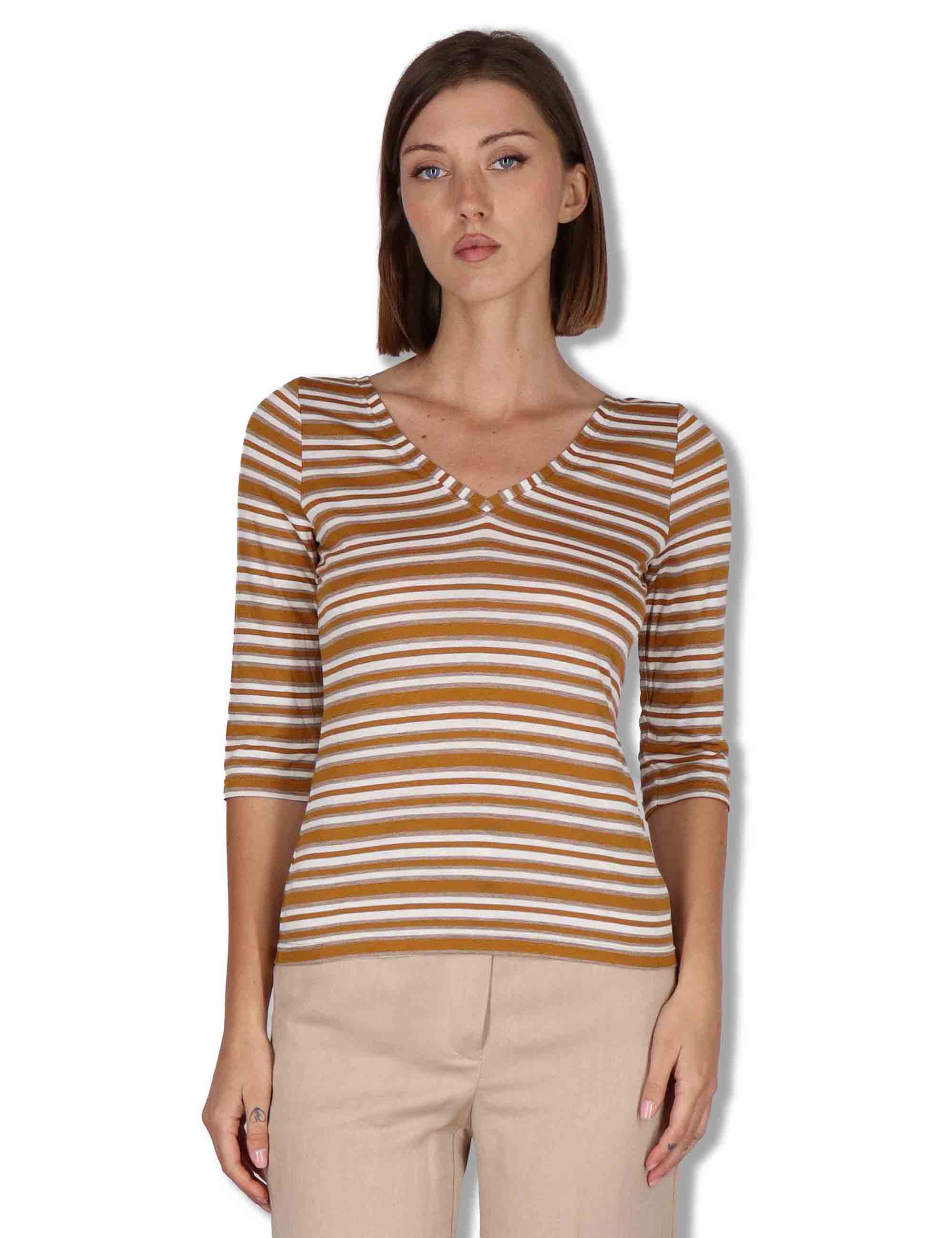 T-shirt donna Summer Stripes in misto seta marrone con maniche a 3/4 JK025270676 41B11 Maliparmi 
