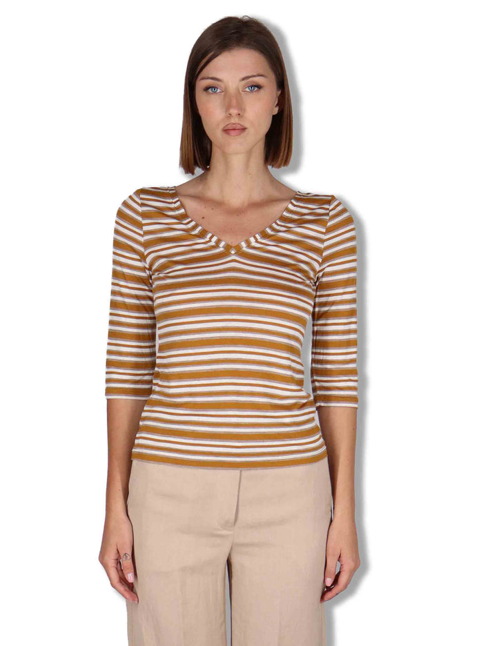T-shirt donna Summer Stripes in misto seta marrone con maniche a 3/4 JK025270676 41B11 Maliparmi 